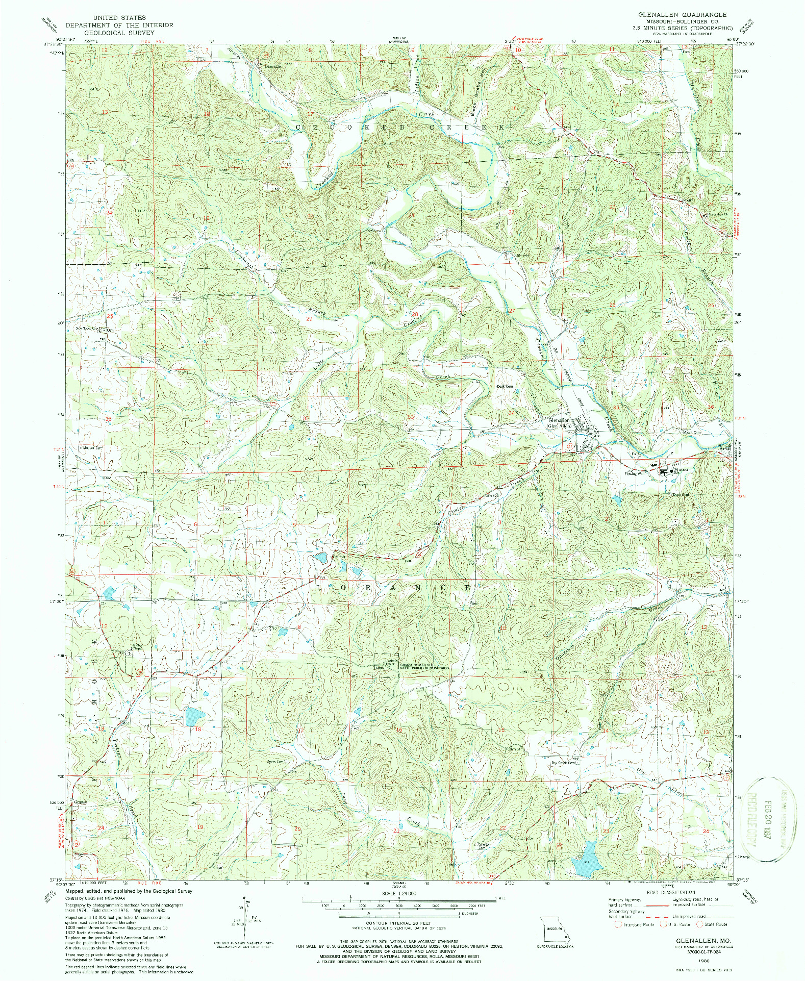 USGS 1:24000-SCALE QUADRANGLE FOR GLENALLEN, MO 1980