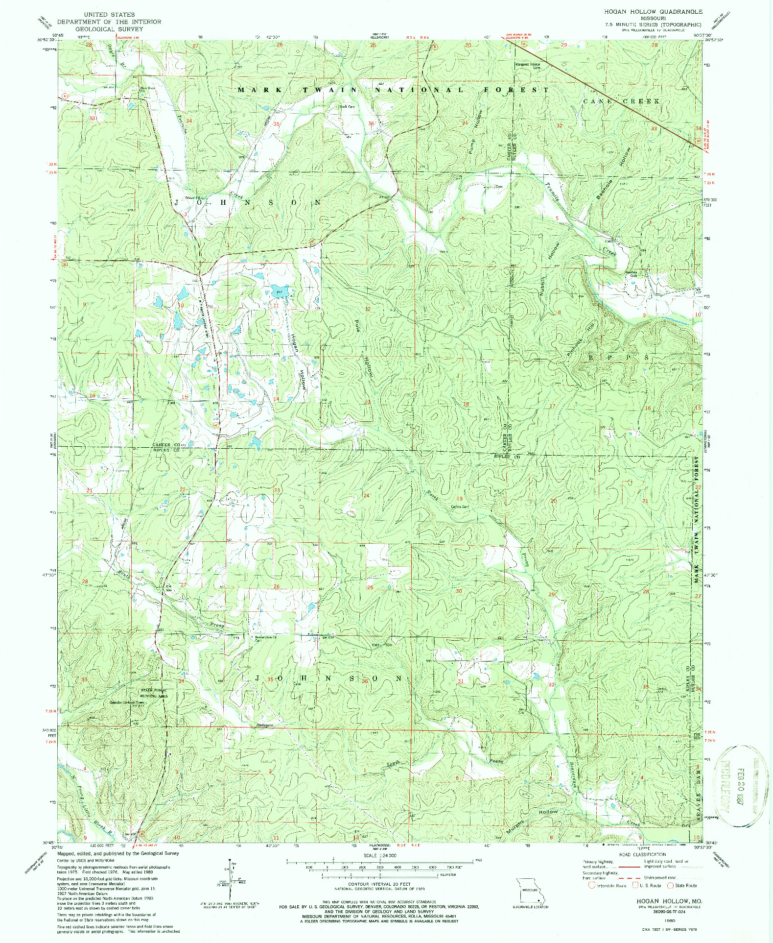 USGS 1:24000-SCALE QUADRANGLE FOR HOGAN HOLLOW, MO 1980