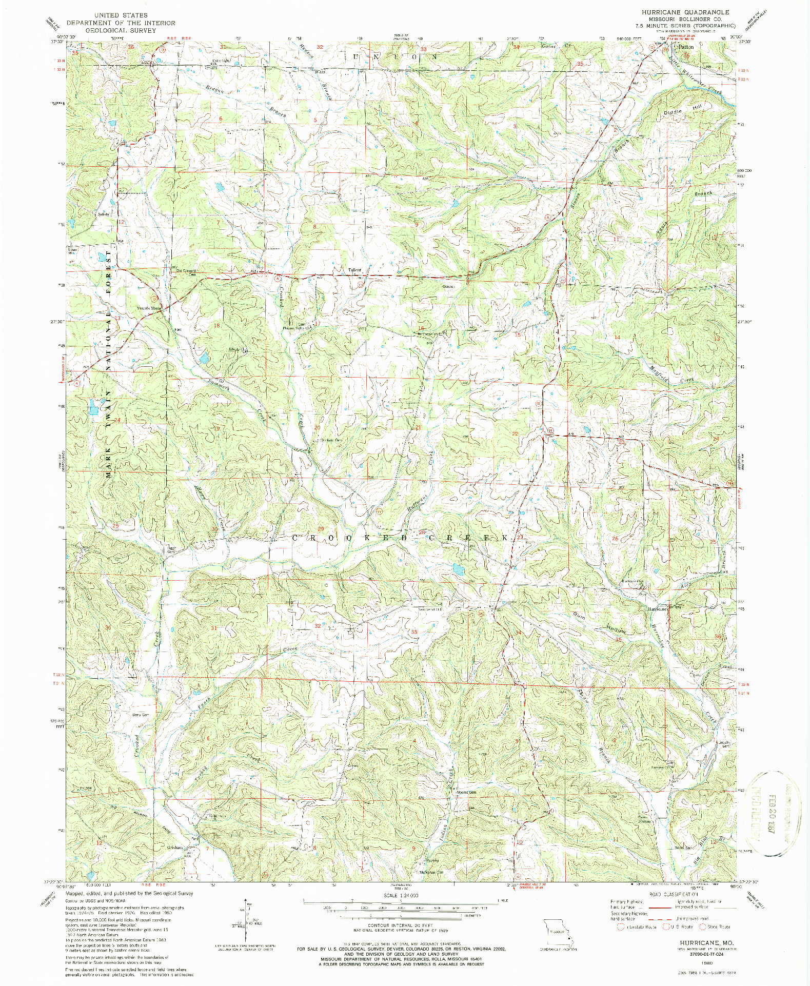 USGS 1:24000-SCALE QUADRANGLE FOR HURRICANE, MO 1980