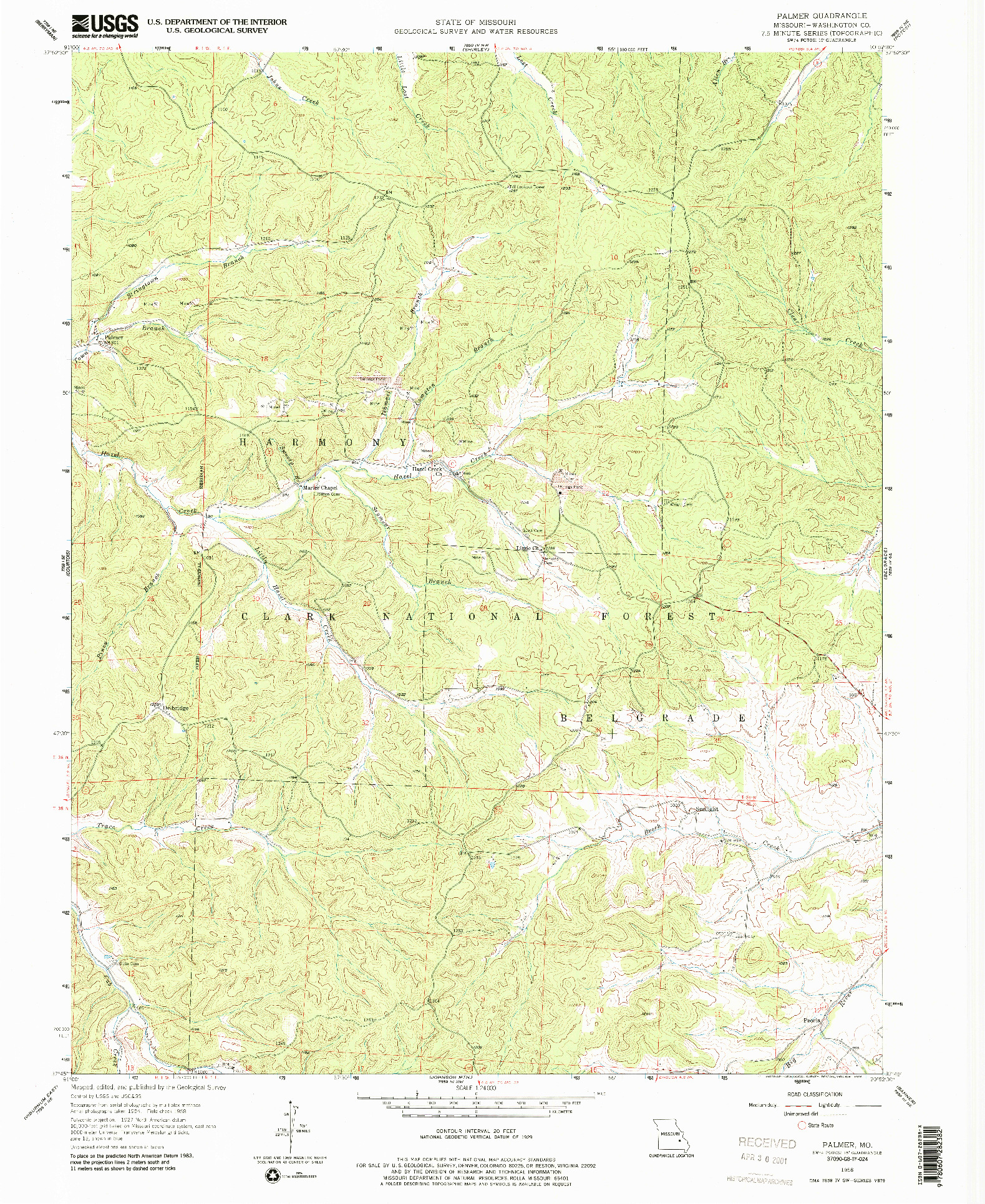 USGS 1:24000-SCALE QUADRANGLE FOR PALMER, MO 1958