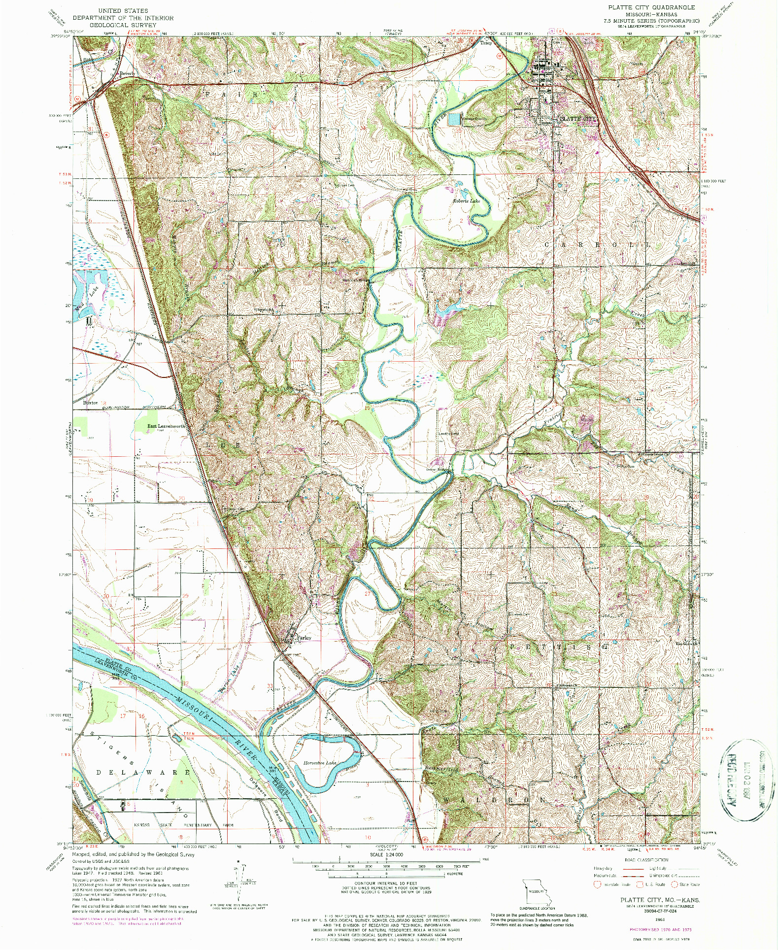 USGS 1:24000-SCALE QUADRANGLE FOR PLATTE CITY, MO 1961