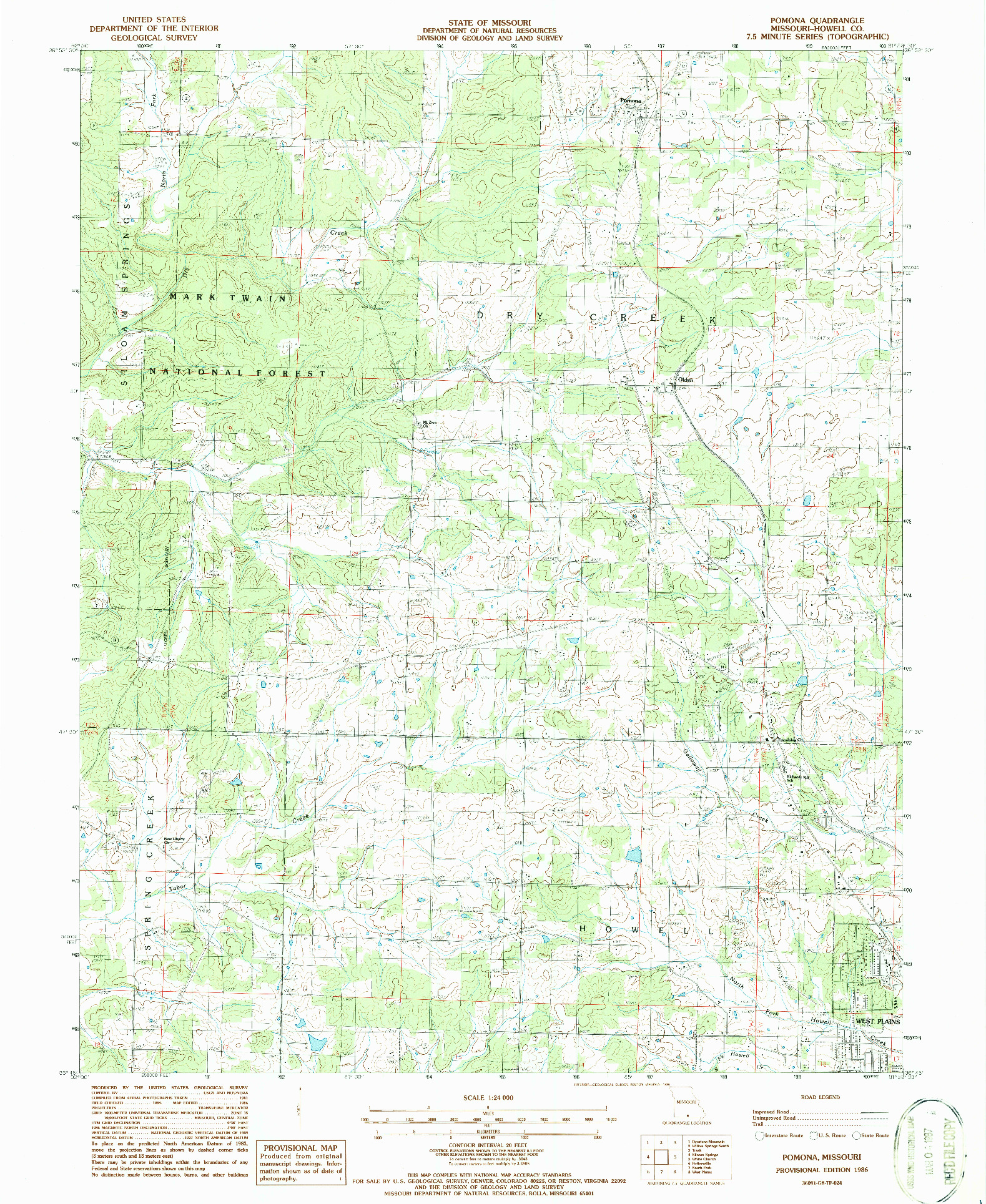 USGS 1:24000-SCALE QUADRANGLE FOR POMONA, MO 1986