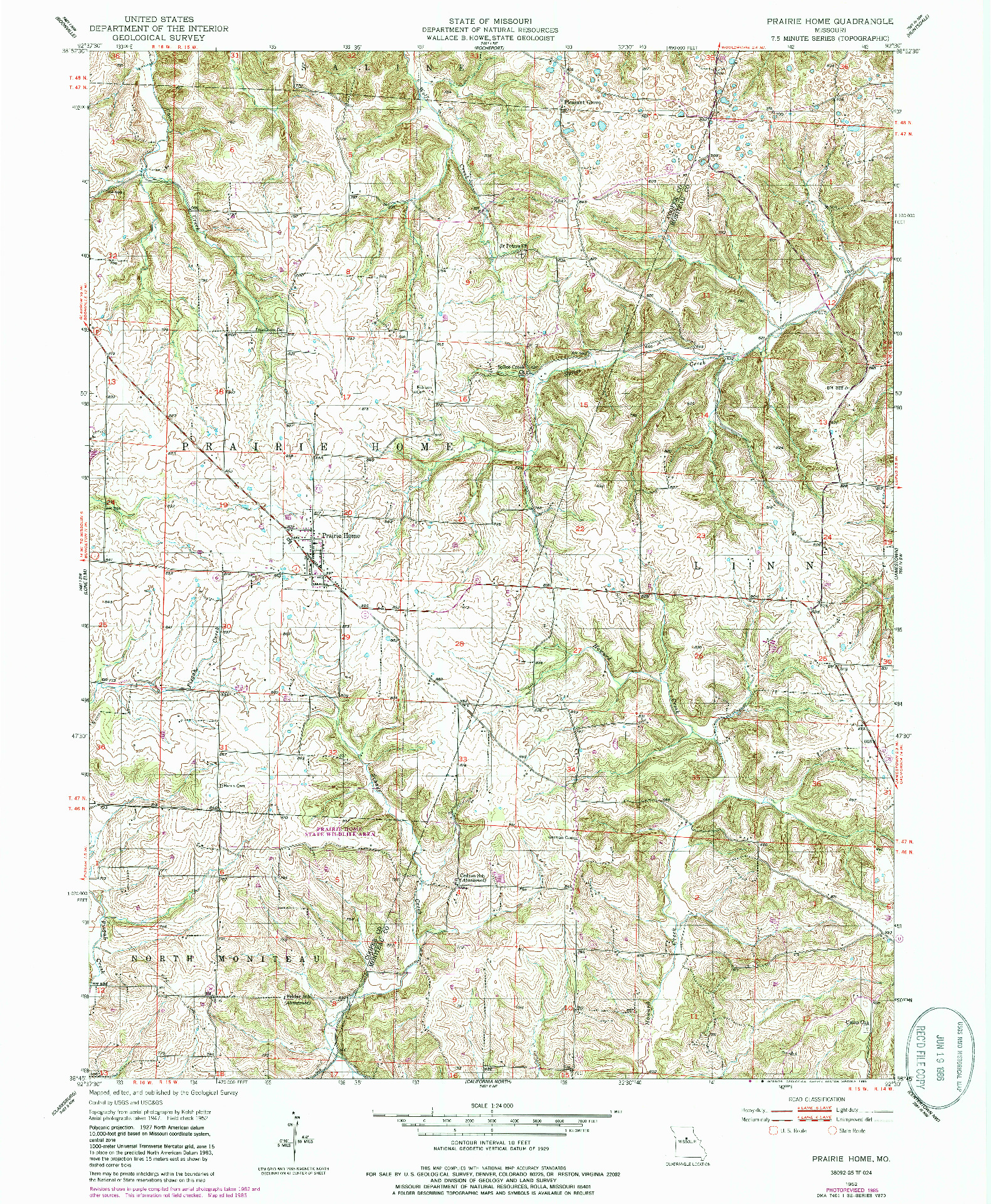 USGS 1:24000-SCALE QUADRANGLE FOR PRAIRIE HOME, MO 1952