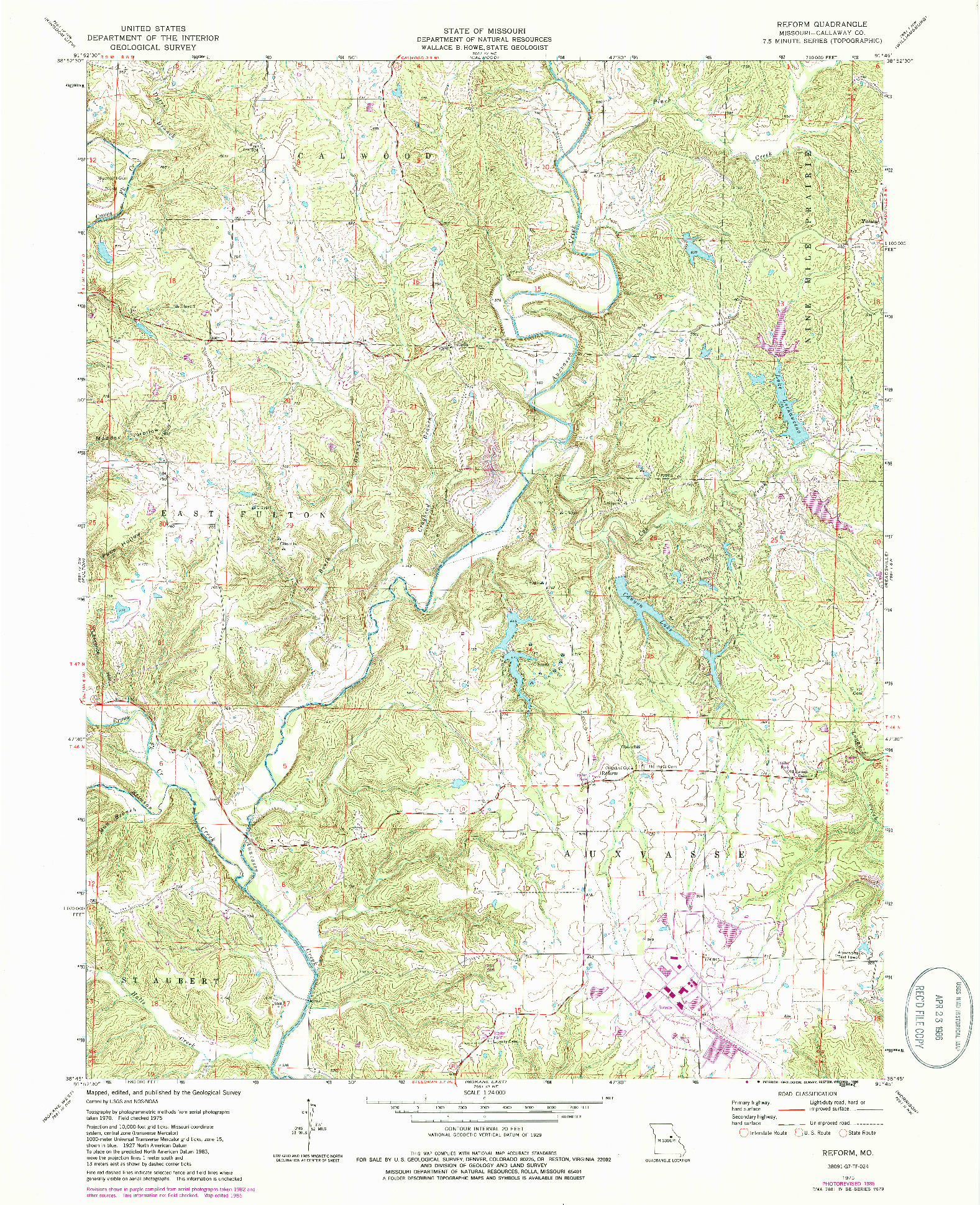 USGS 1:24000-SCALE QUADRANGLE FOR REFORM, MO 1975