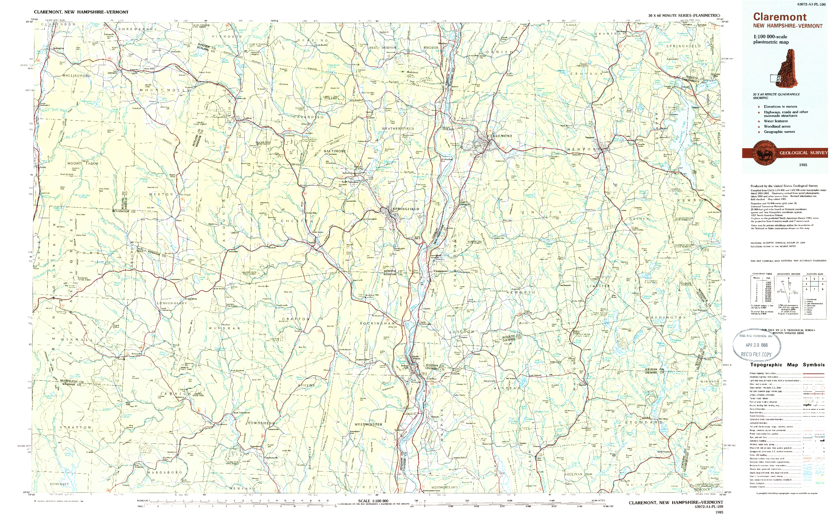 USGS 1:100000-SCALE QUADRANGLE FOR CLAREMONT, NH 1985