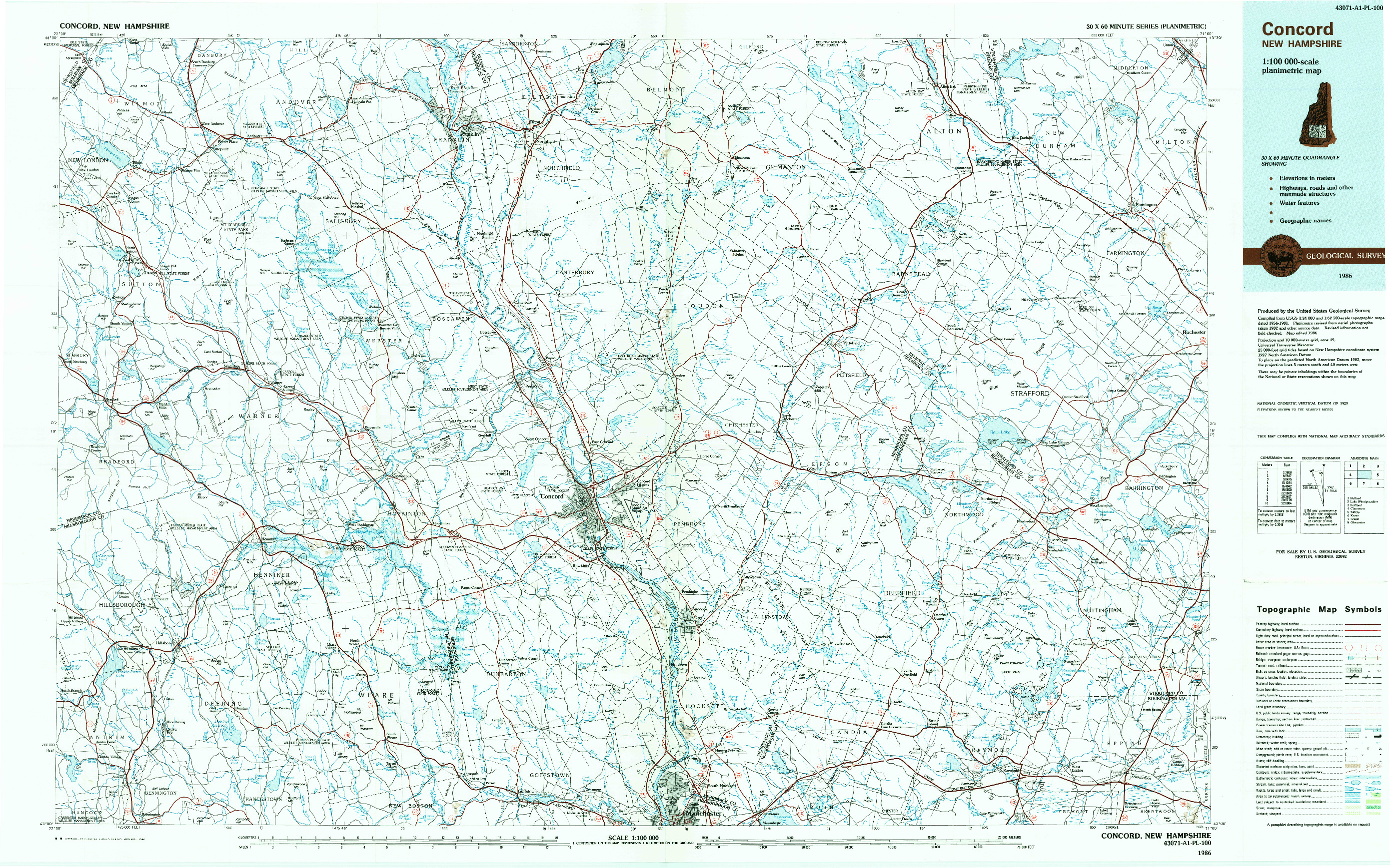 USGS 1:100000-SCALE QUADRANGLE FOR CONCORD, NH 1986