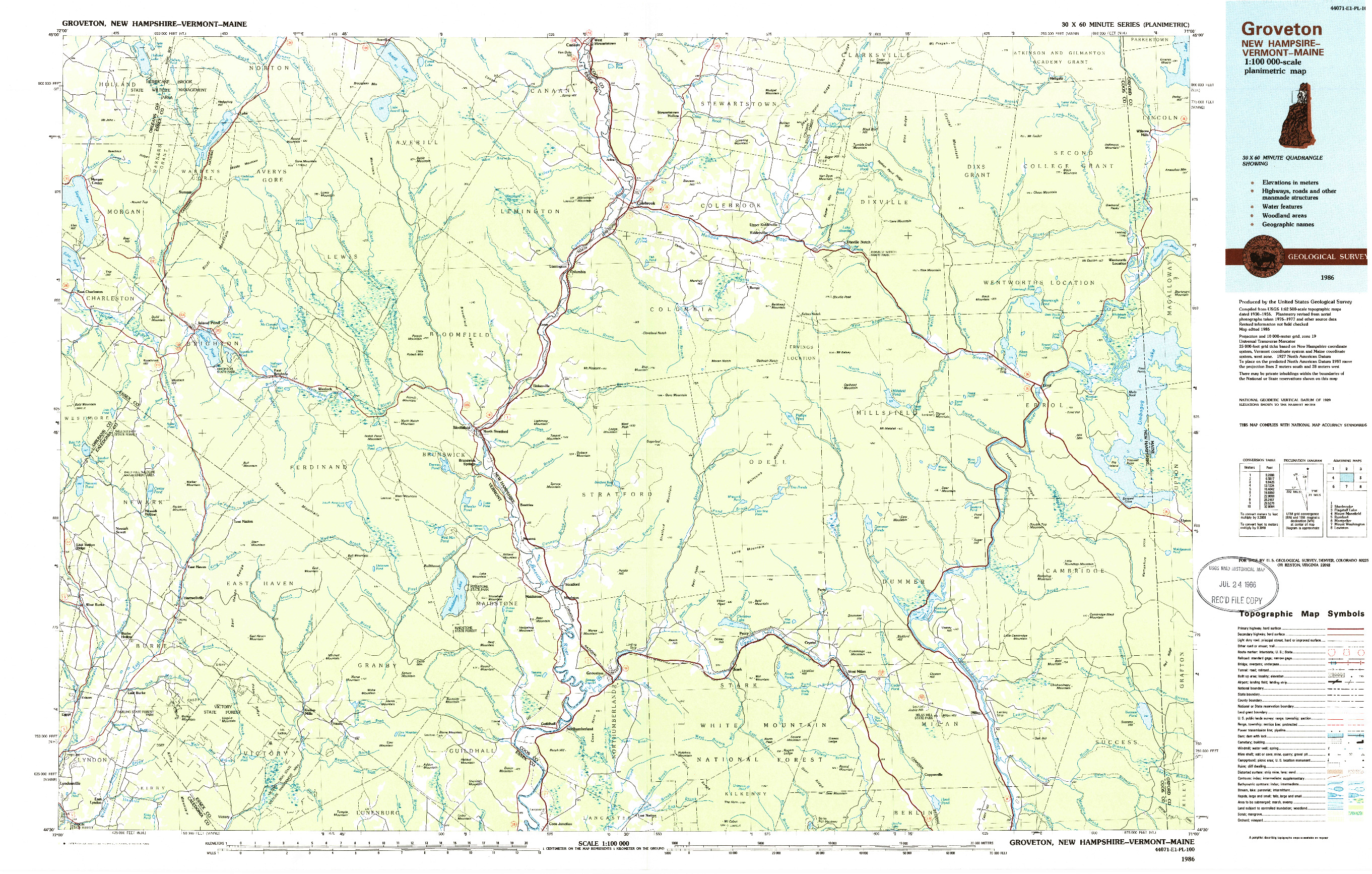 USGS 1:100000-SCALE QUADRANGLE FOR GROVETON, NH 1986