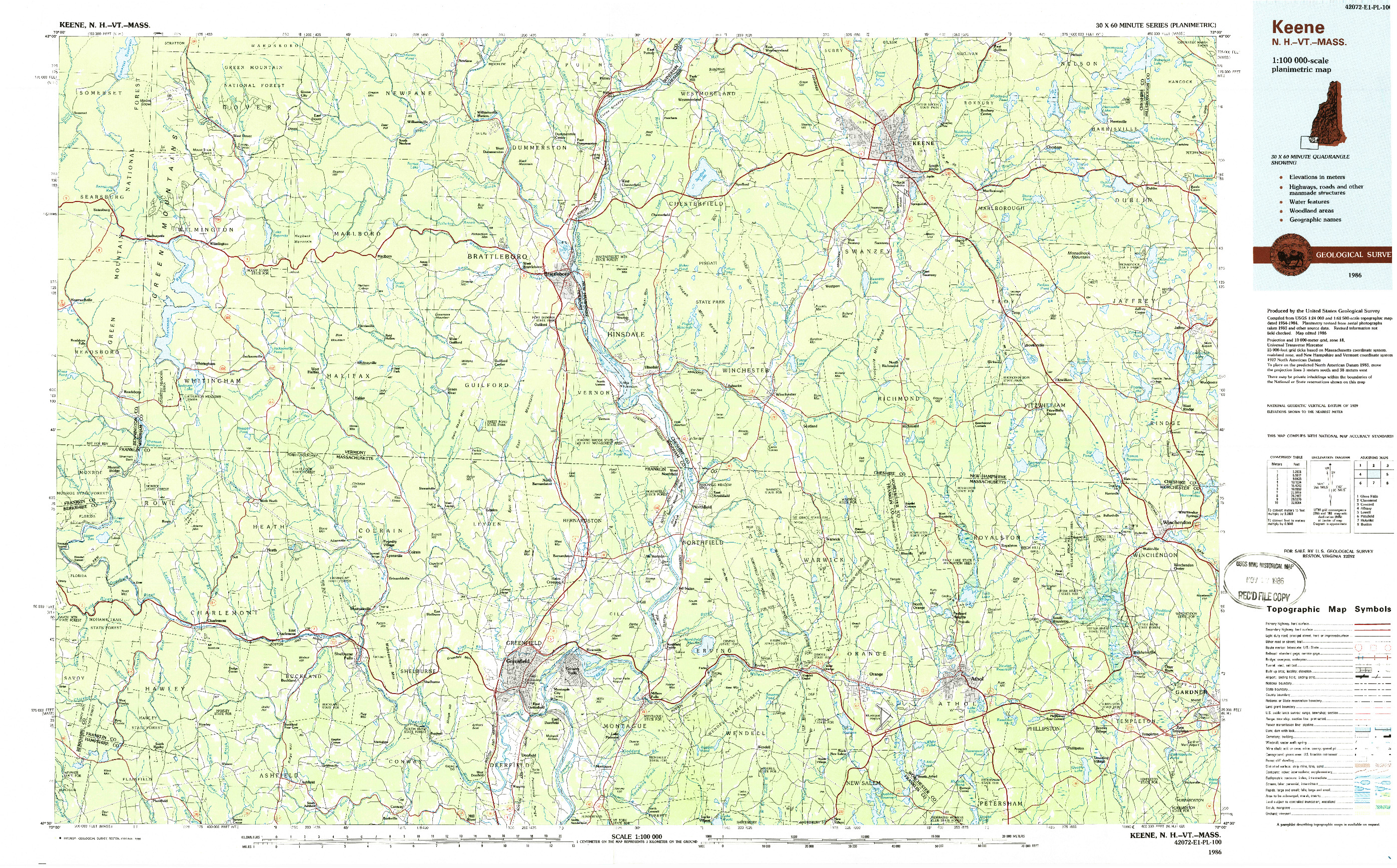 USGS 1:100000-SCALE QUADRANGLE FOR KEENE, NH 1986