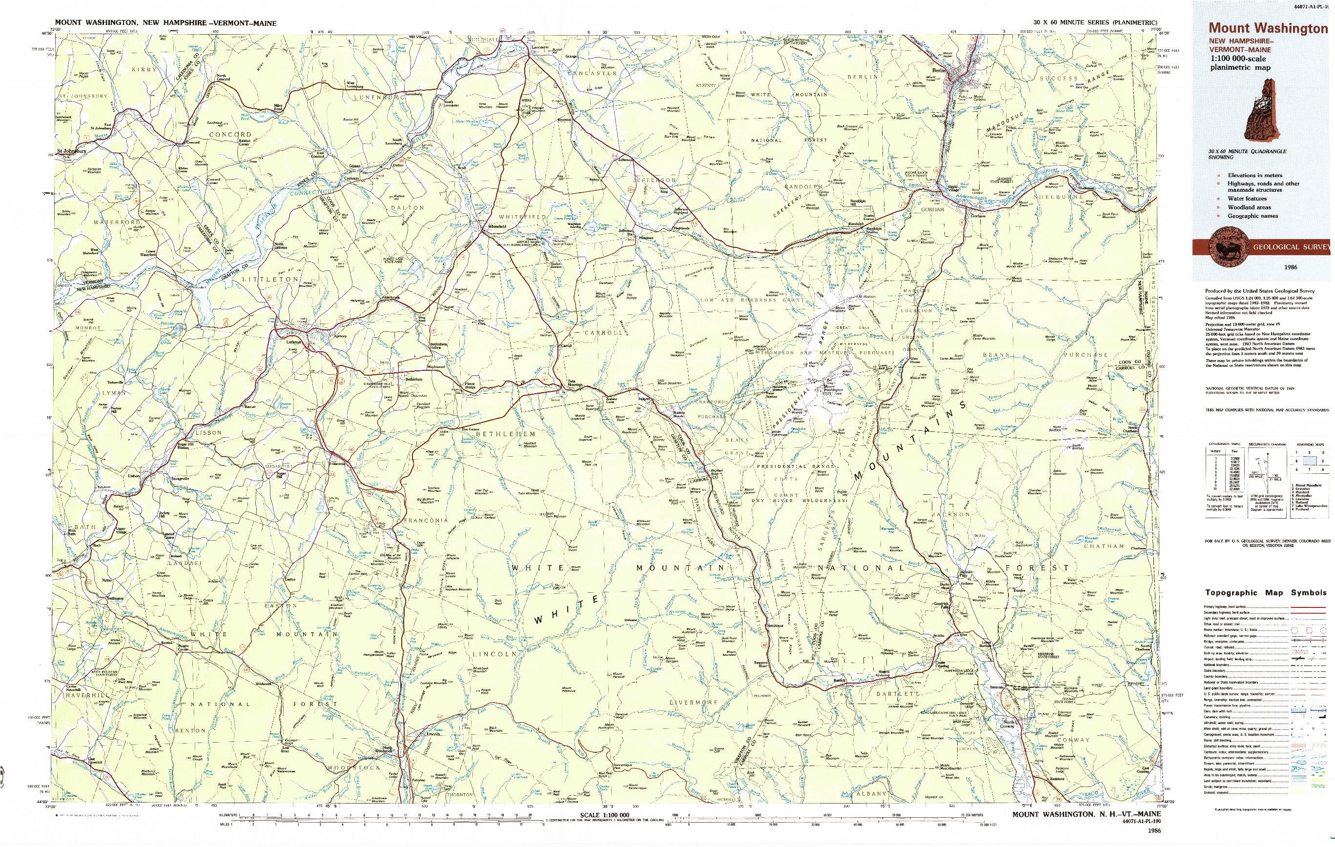 USGS 1:100000-SCALE QUADRANGLE FOR MOUNT WASHINGTON, NH 1986