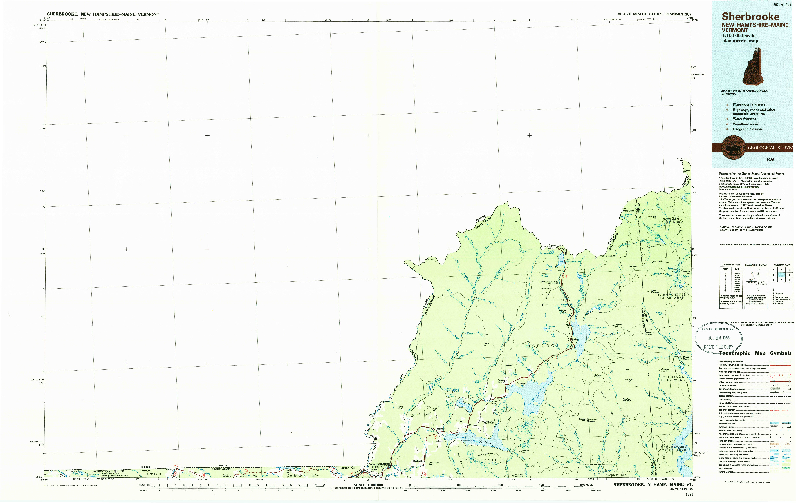 USGS 1:100000-SCALE QUADRANGLE FOR SHERBROOKE, NH 1986