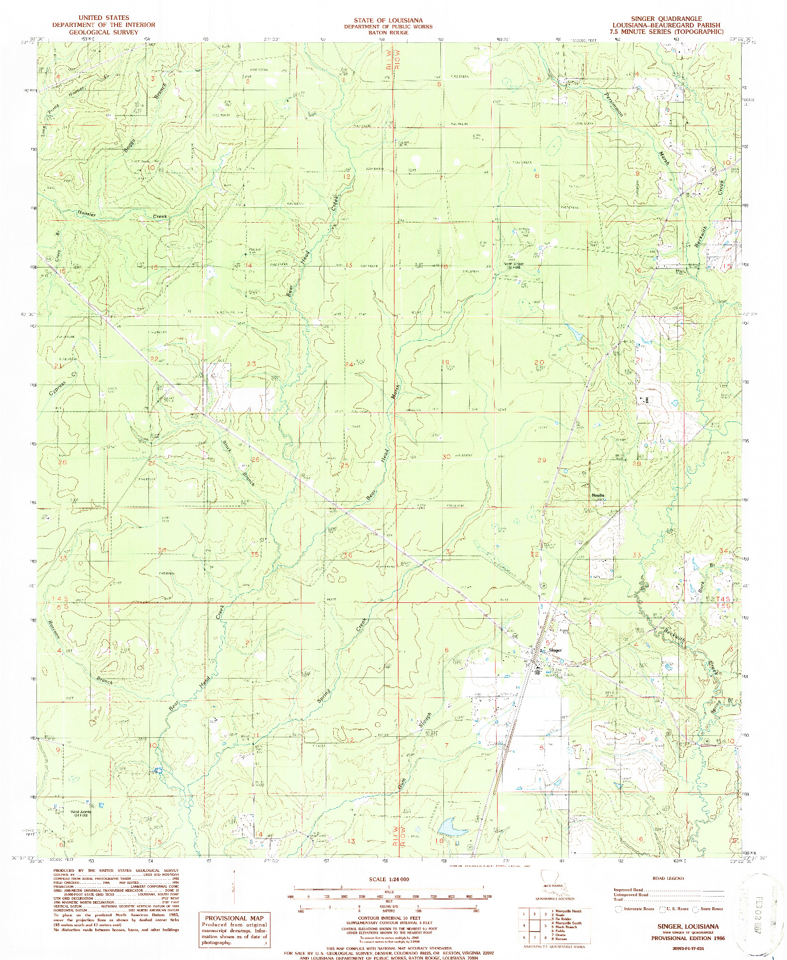 USGS 1:24000-SCALE QUADRANGLE FOR SINGER, LA 1986