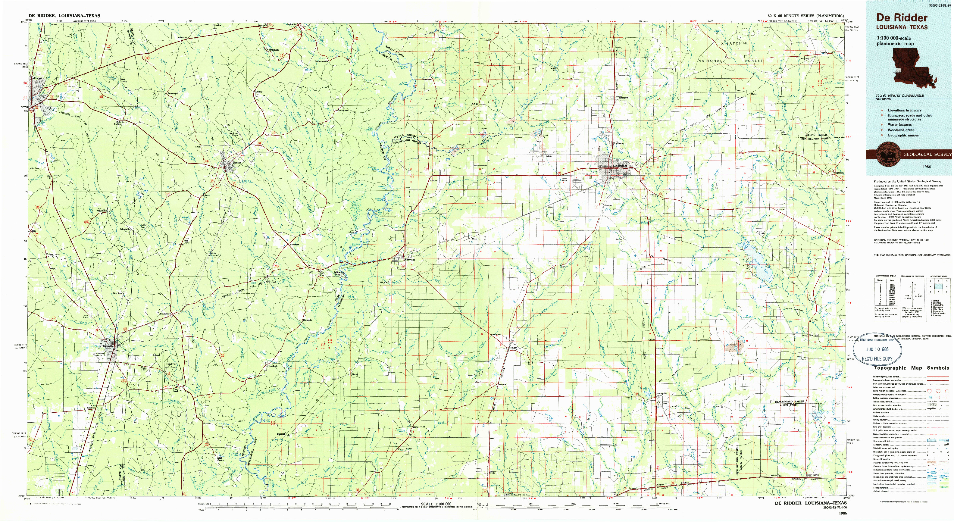 USGS 1:100000-SCALE QUADRANGLE FOR DERIDDER, LA 1986