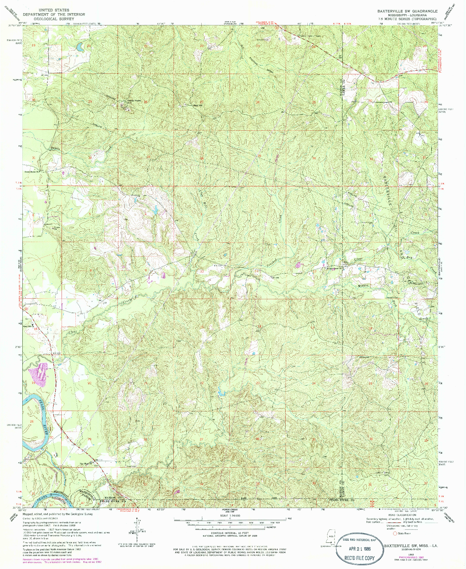 USGS 1:24000-SCALE QUADRANGLE FOR BAXTERVILLE SW, MS 1969