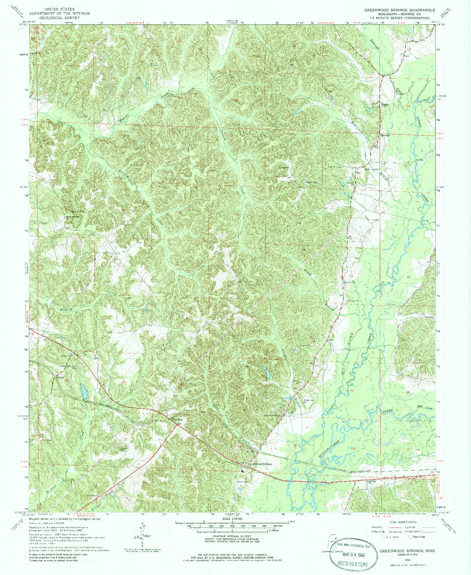 USGS 1:24000-SCALE QUADRANGLE FOR GREENWOOD SPRINGS, MS 1966