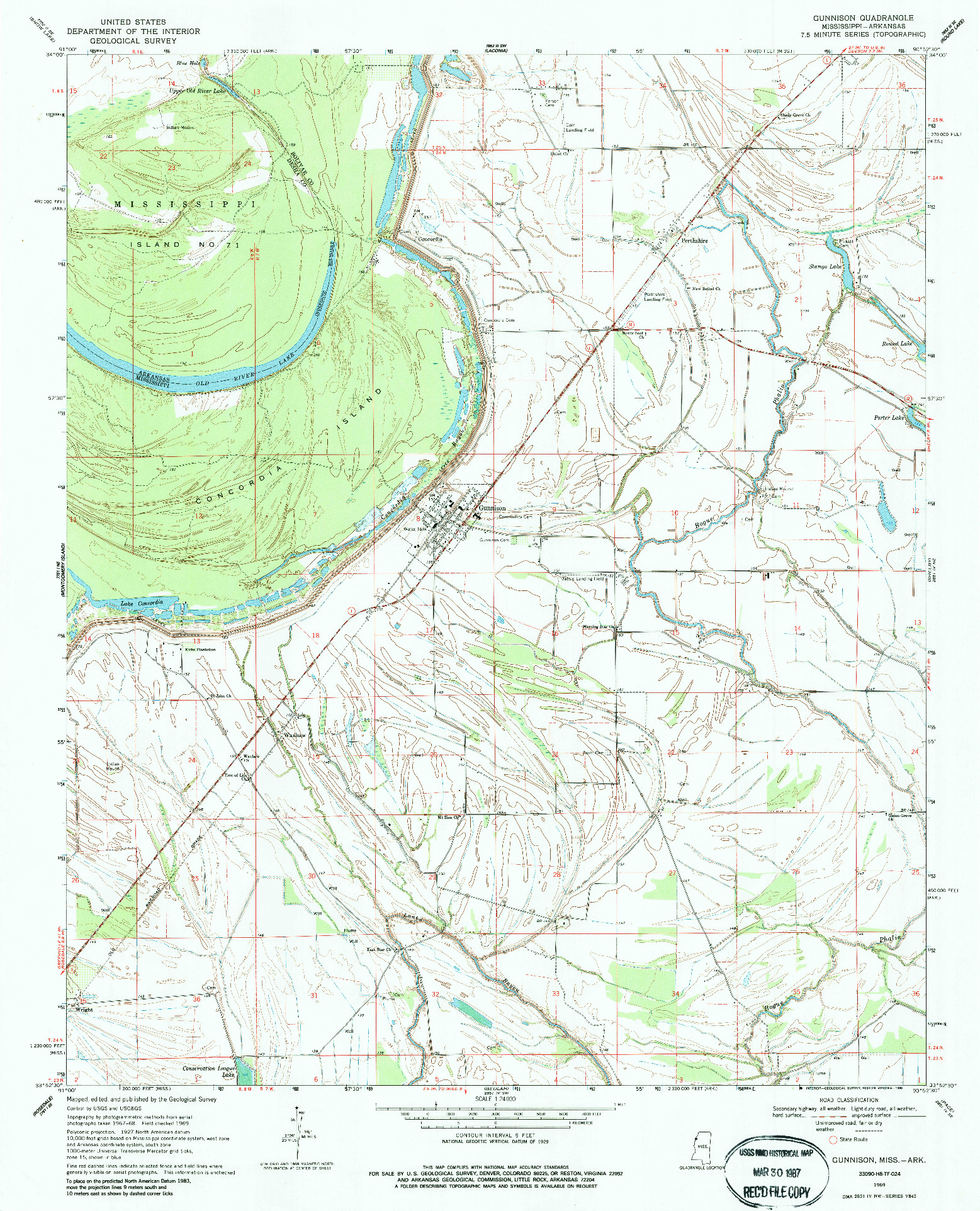 USGS 1:24000-SCALE QUADRANGLE FOR GUNNISON, MS 1969