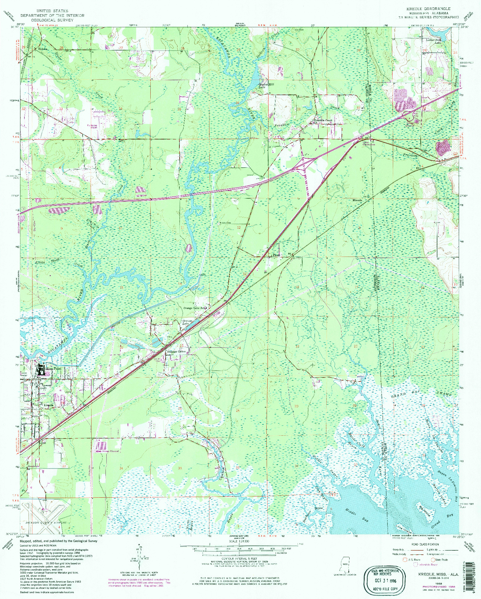 USGS 1:24000-SCALE QUADRANGLE FOR KREOLE, MS 1958