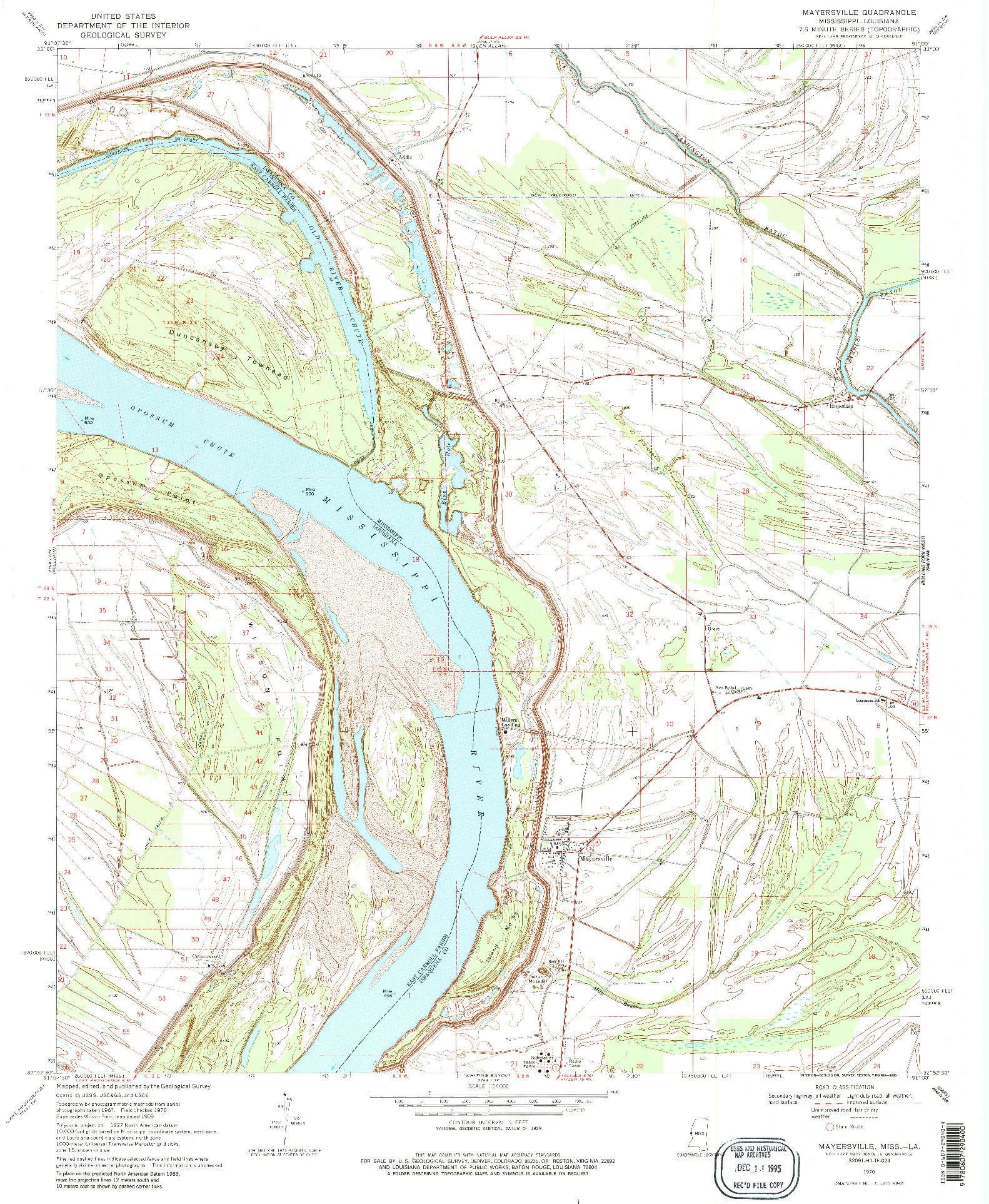 USGS 1:24000-SCALE QUADRANGLE FOR MAYERSVILLE, MS 1970