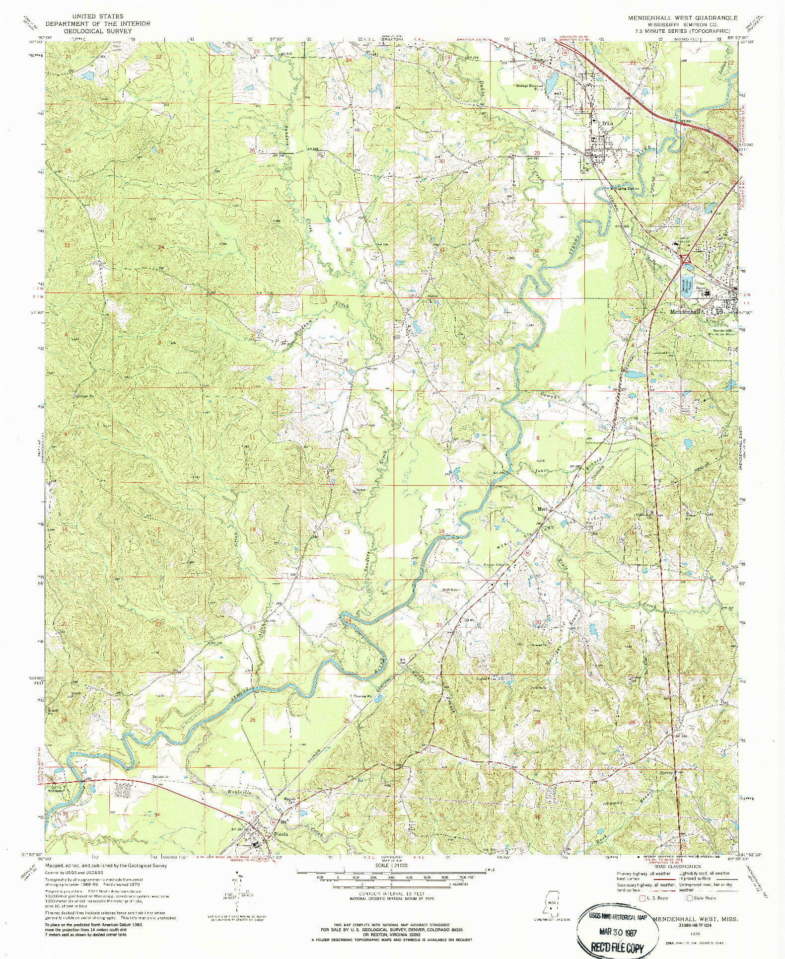 USGS 1:24000-SCALE QUADRANGLE FOR MENDENHALL WEST, MS 1970