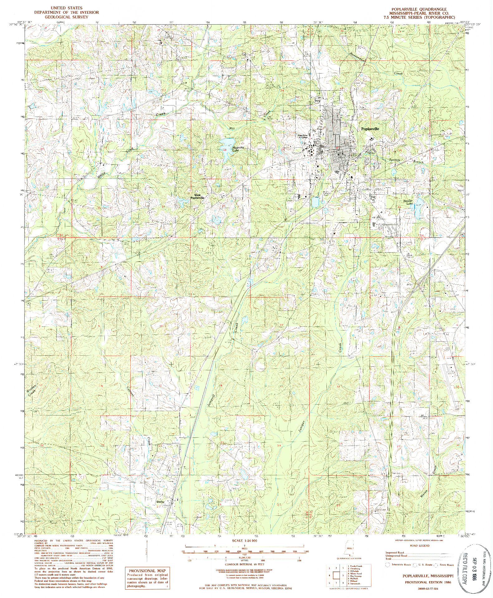 USGS 1:24000-SCALE QUADRANGLE FOR POPLARVILLE, MS 1986