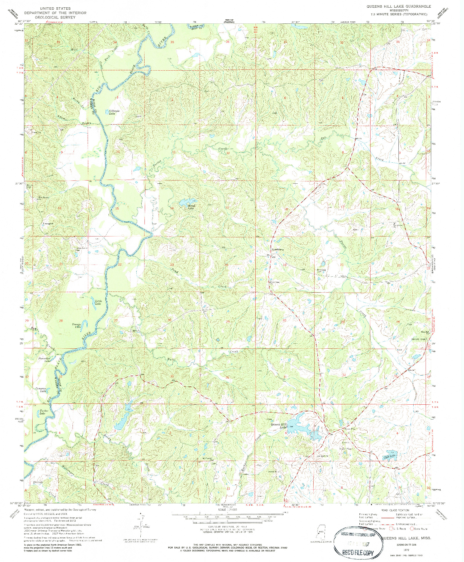 USGS 1:24000-SCALE QUADRANGLE FOR QUEENS HILL LAKE, MS 1972