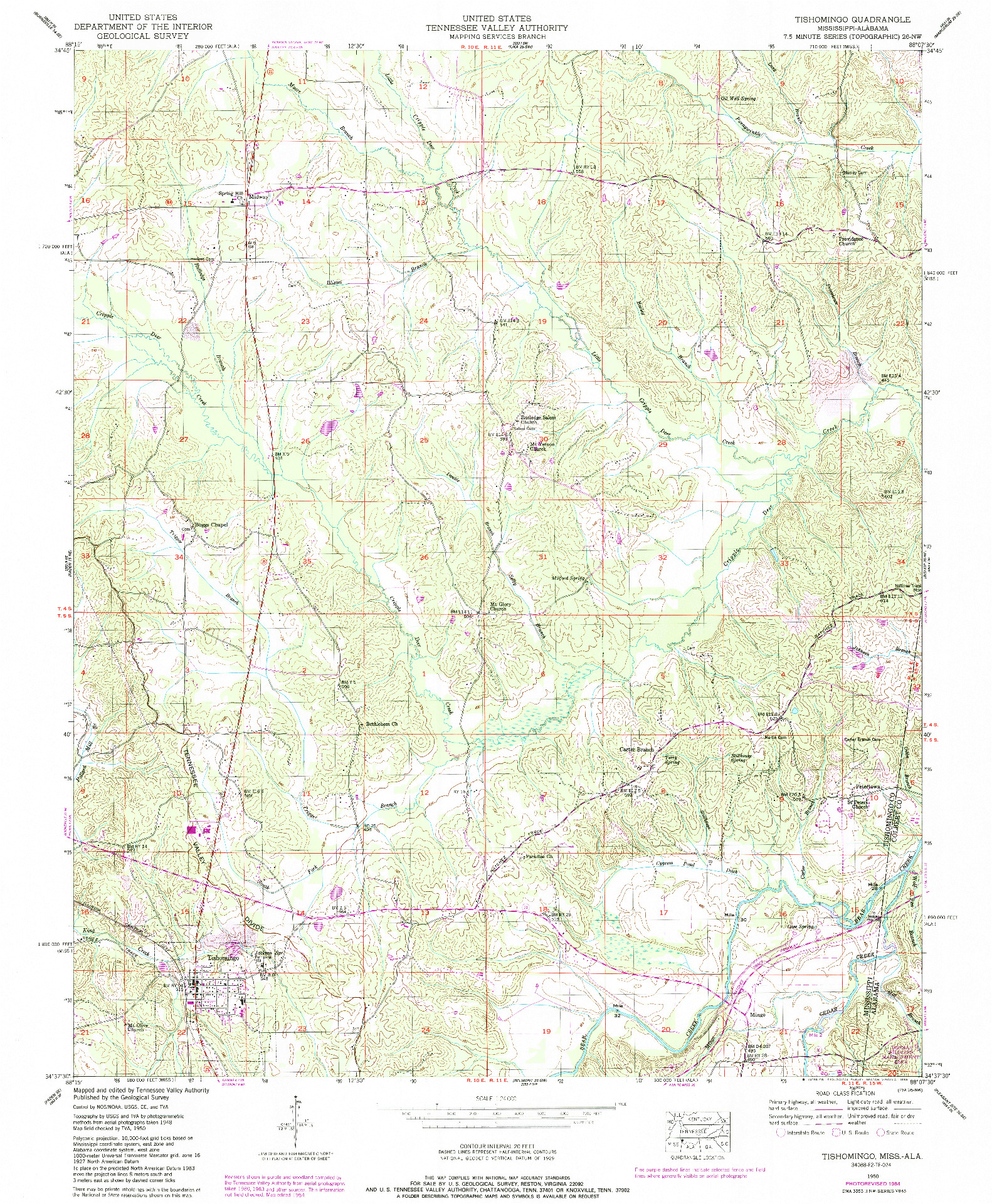 USGS 1:24000-SCALE QUADRANGLE FOR TISHOMINGO, MS 1950