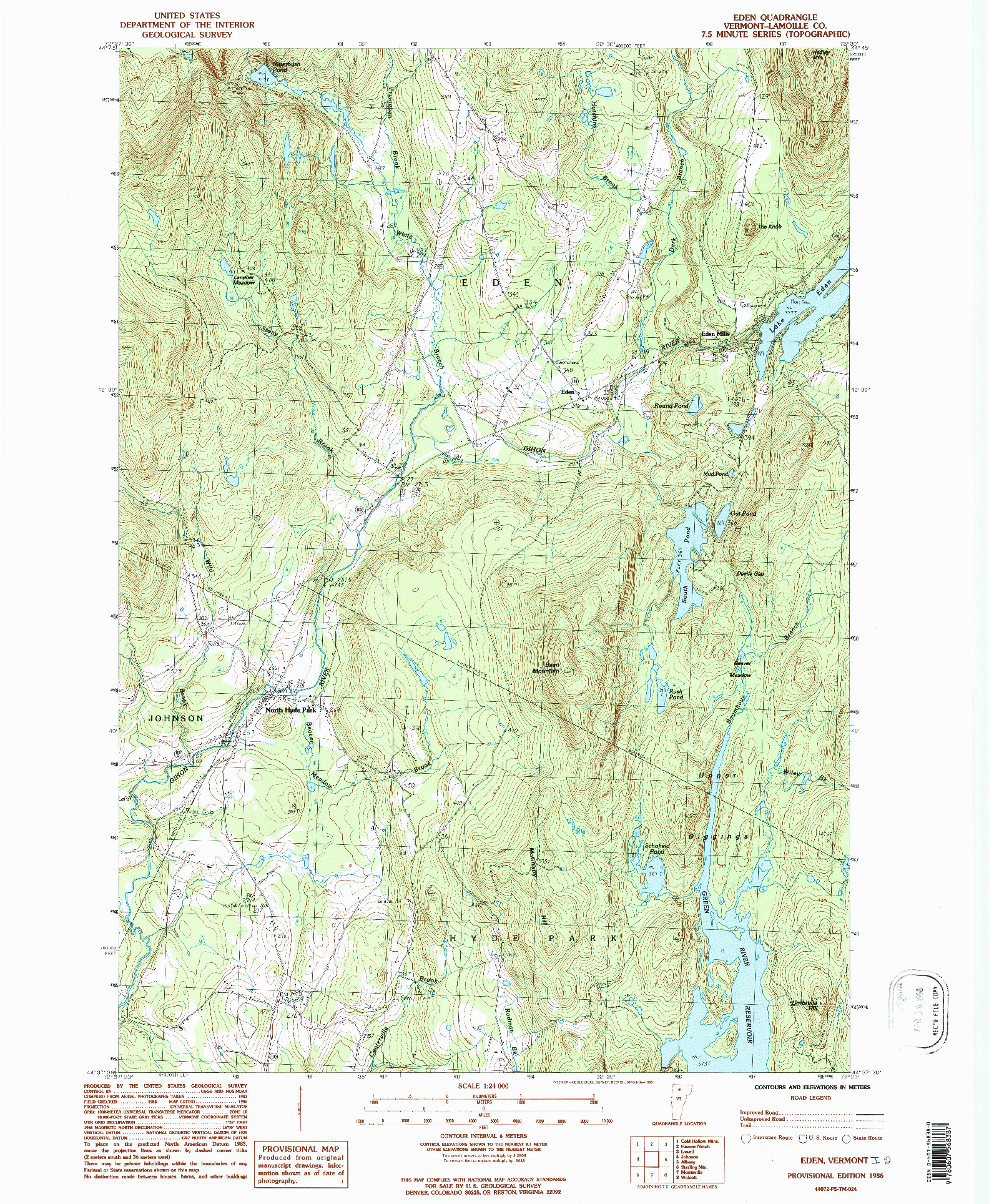 USGS 1:24000-SCALE QUADRANGLE FOR EDEN, VT 1986