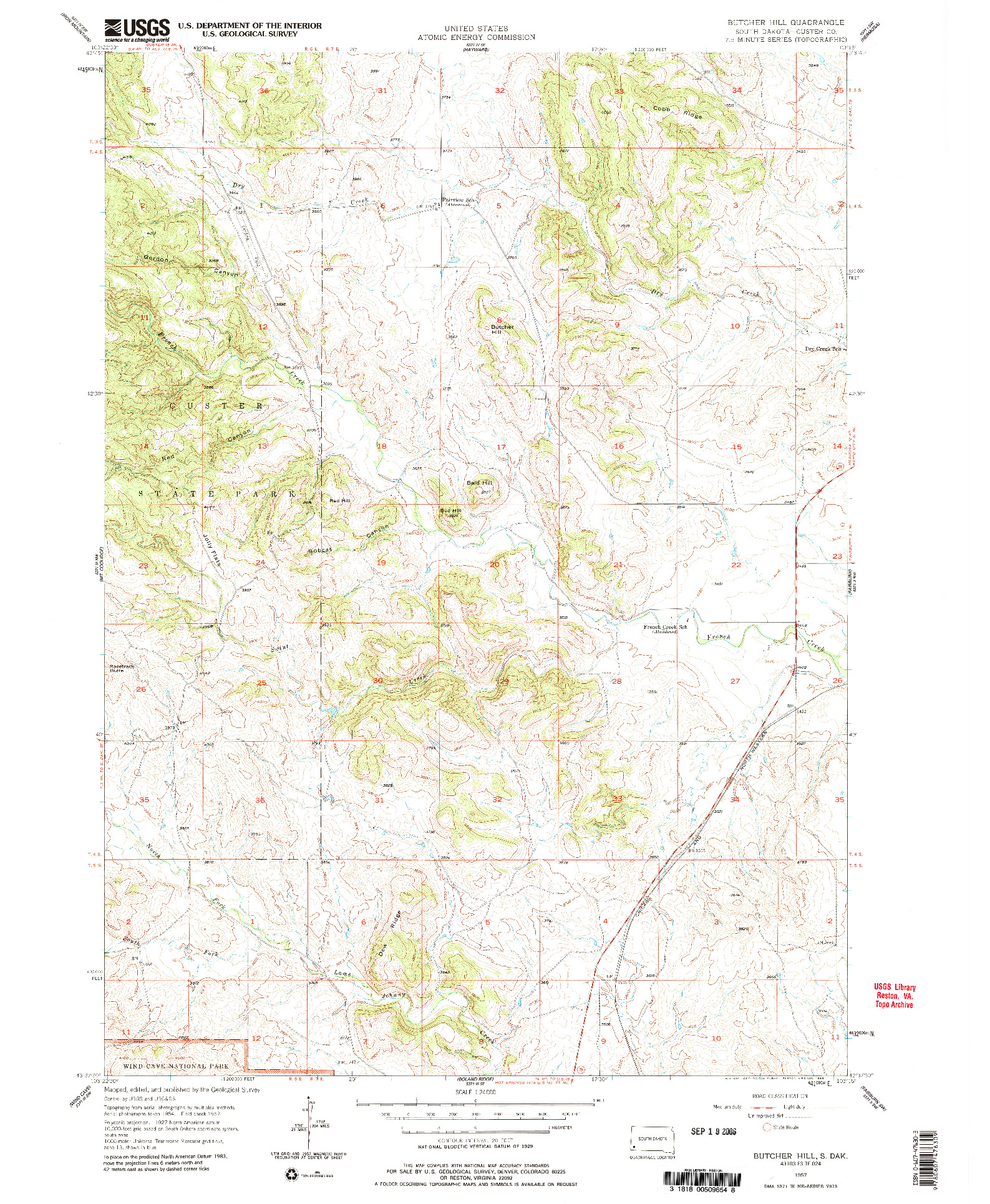 USGS 1:24000-SCALE QUADRANGLE FOR BUTCHER HILL, SD 1957