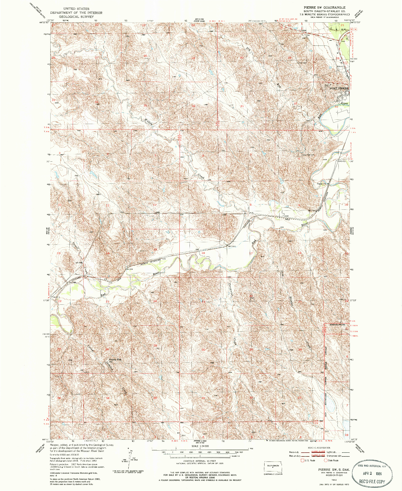 USGS 1:24000-SCALE QUADRANGLE FOR PIERRE SW, SD 1953