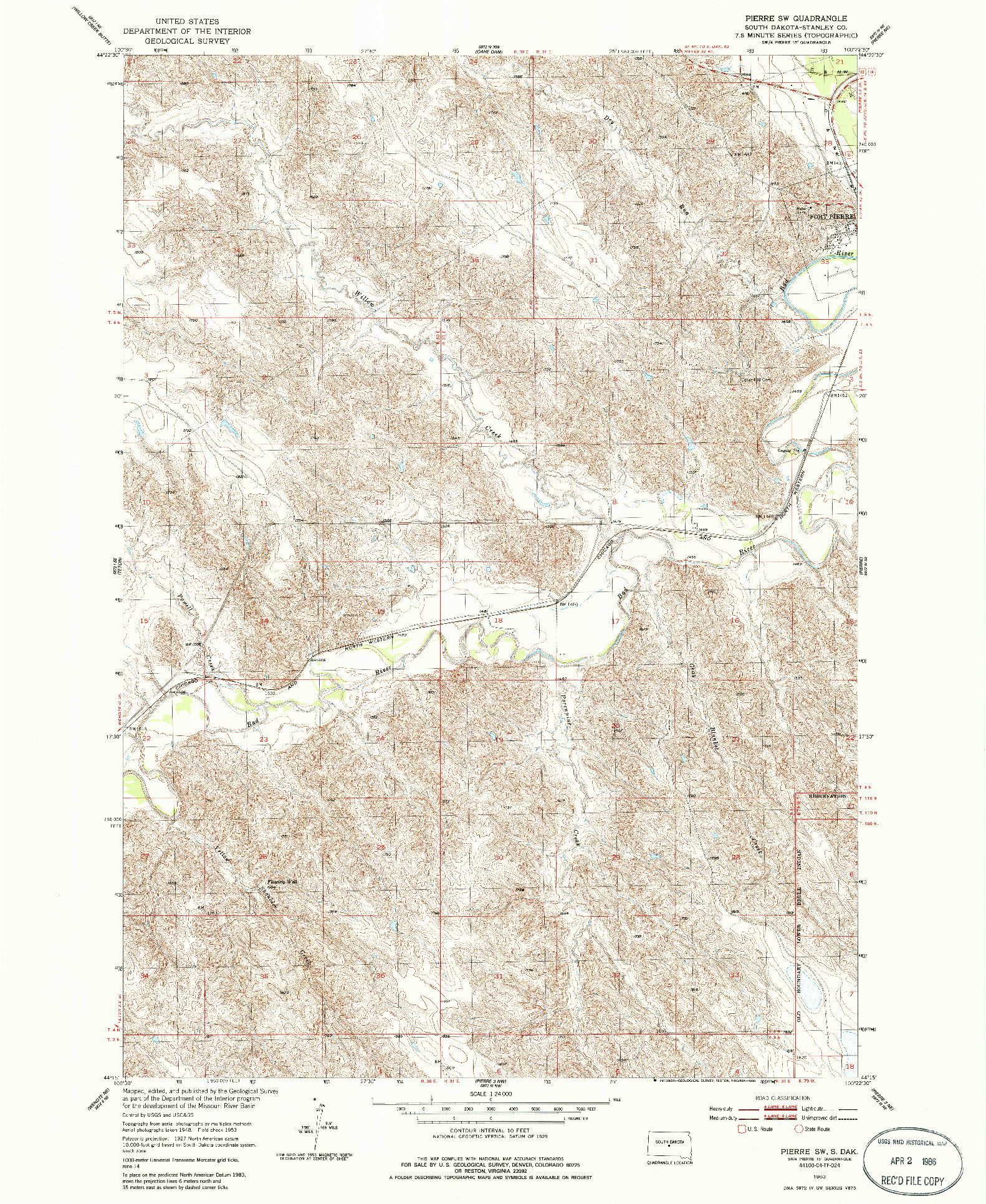 USGS 1:24000-SCALE QUADRANGLE FOR PIERRE SW, SD 1953