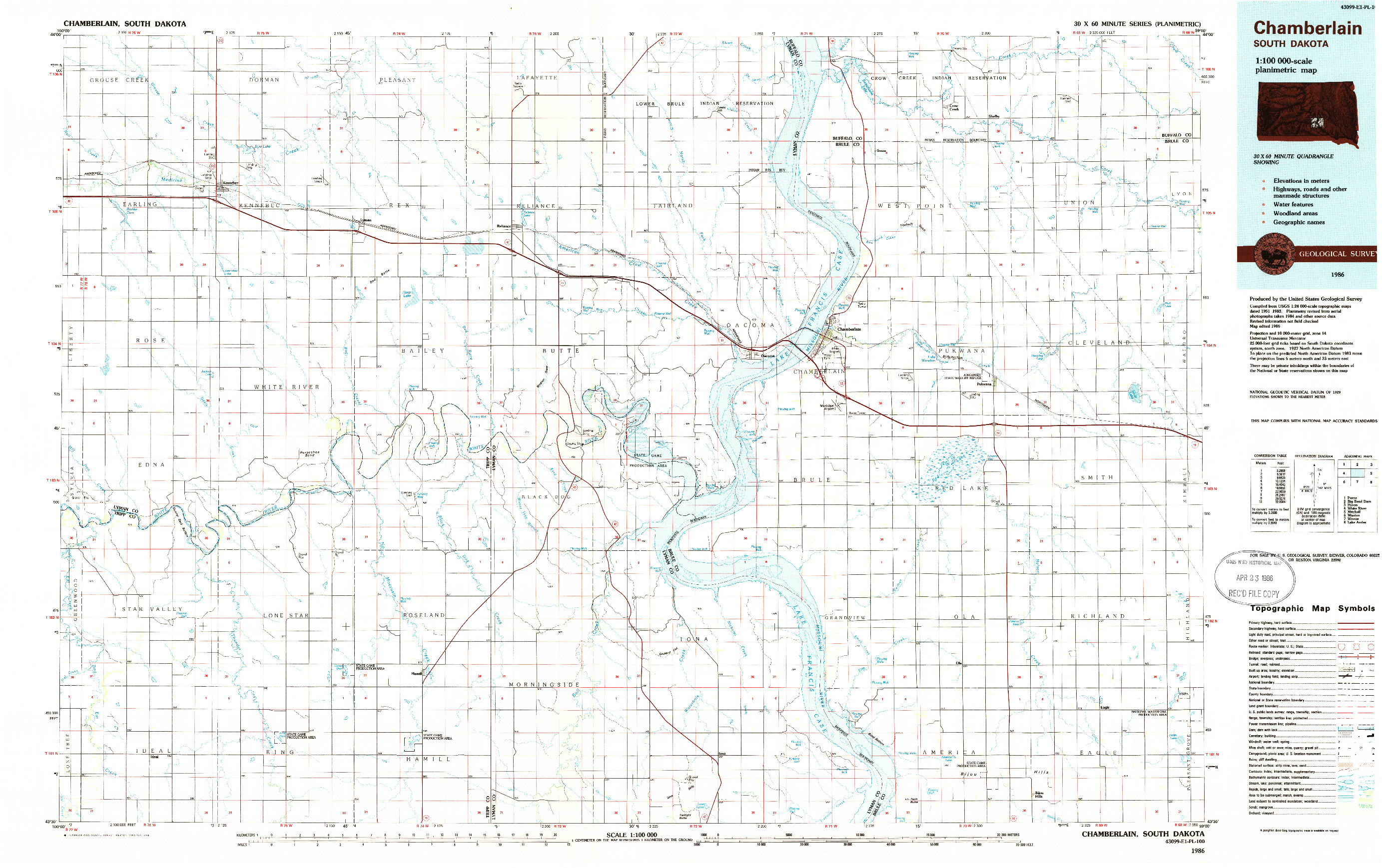 USGS 1:100000-SCALE QUADRANGLE FOR CHAMBERLAIN, SD 1986