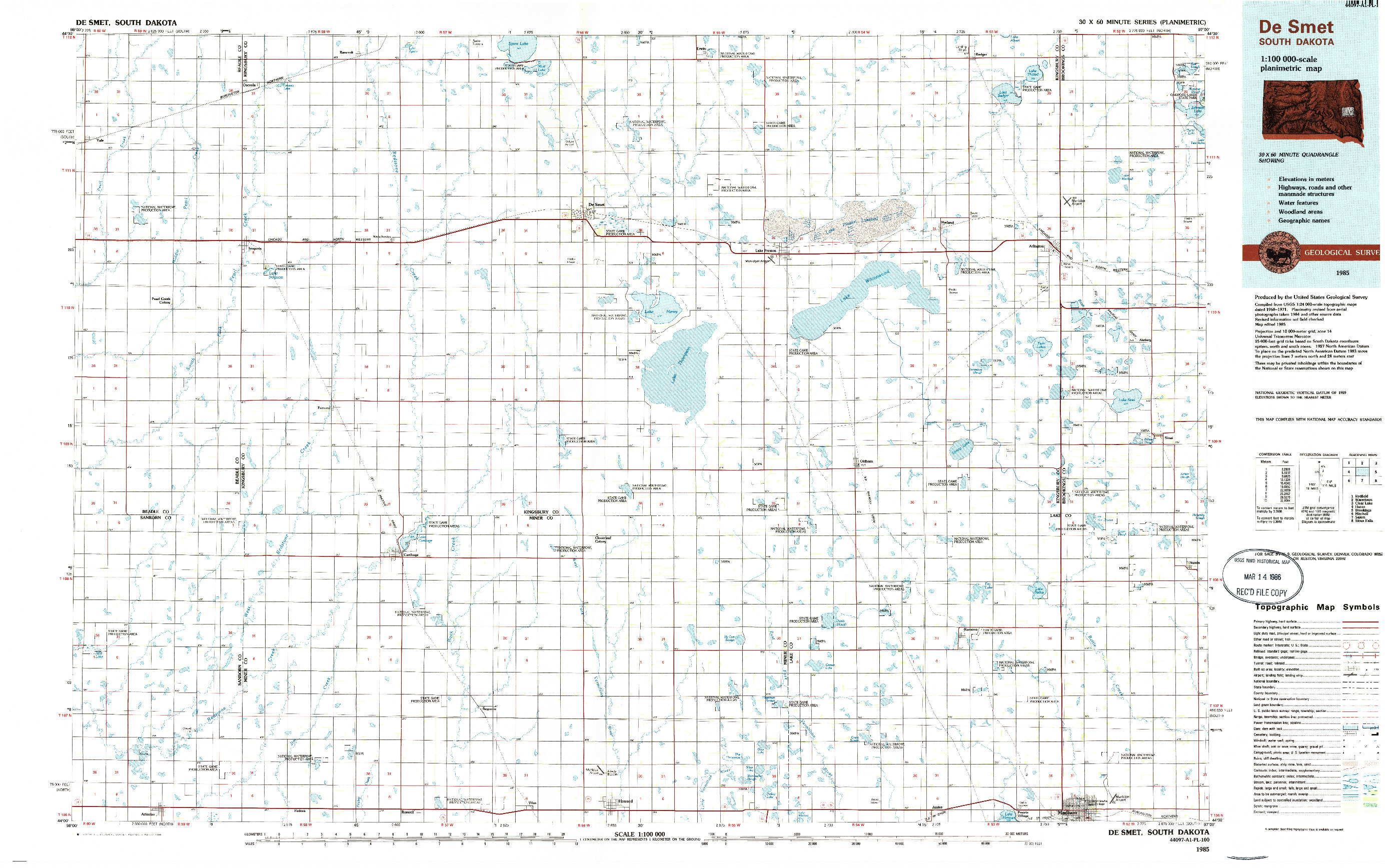 USGS 1:100000-SCALE QUADRANGLE FOR DE SMET, SD 1985