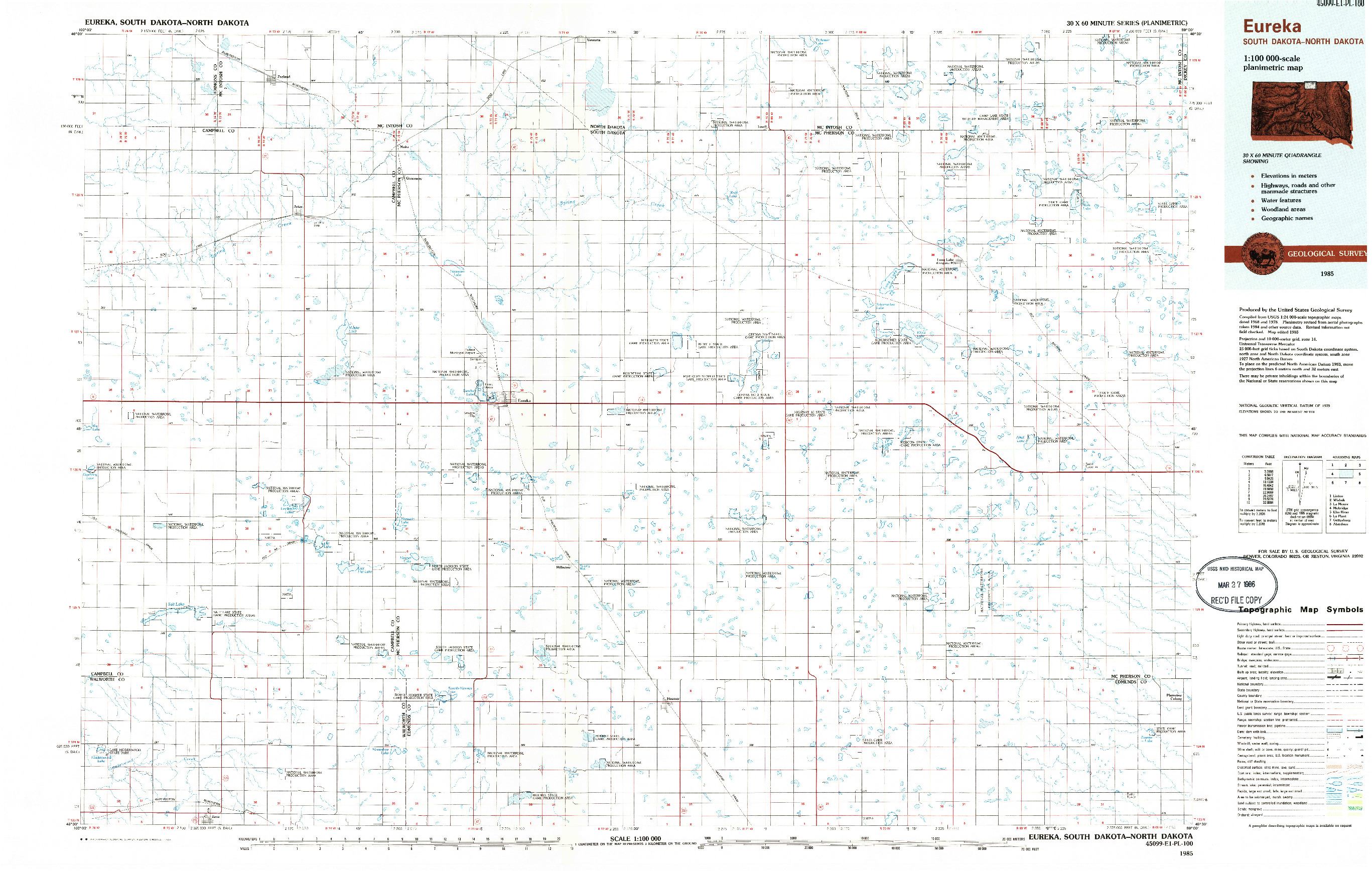 USGS 1:100000-SCALE QUADRANGLE FOR EUREKA, SD 1985