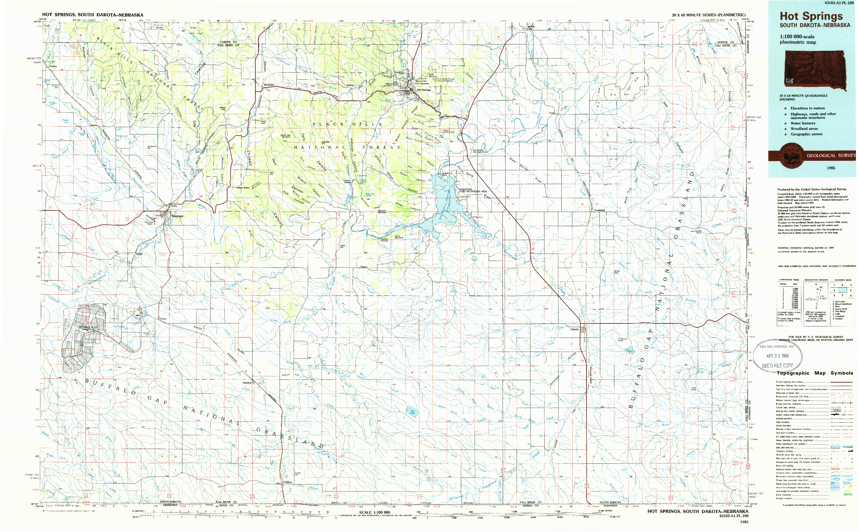 USGS 1:100000-SCALE QUADRANGLE FOR HOT SPRINGS, SD 1985