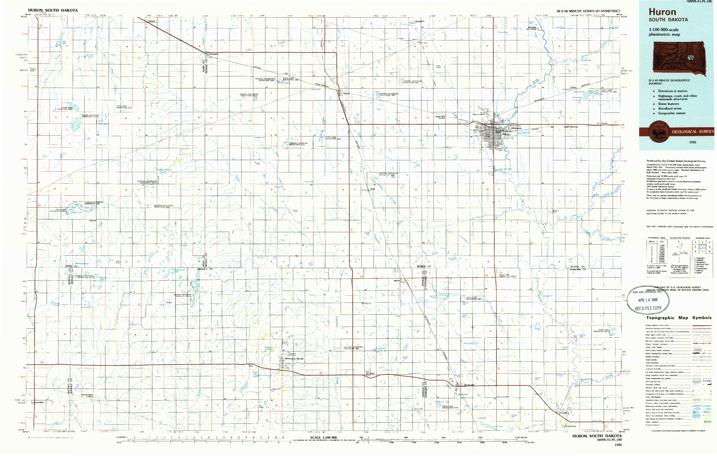 USGS 1:100000-SCALE QUADRANGLE FOR HURON, SD 1985