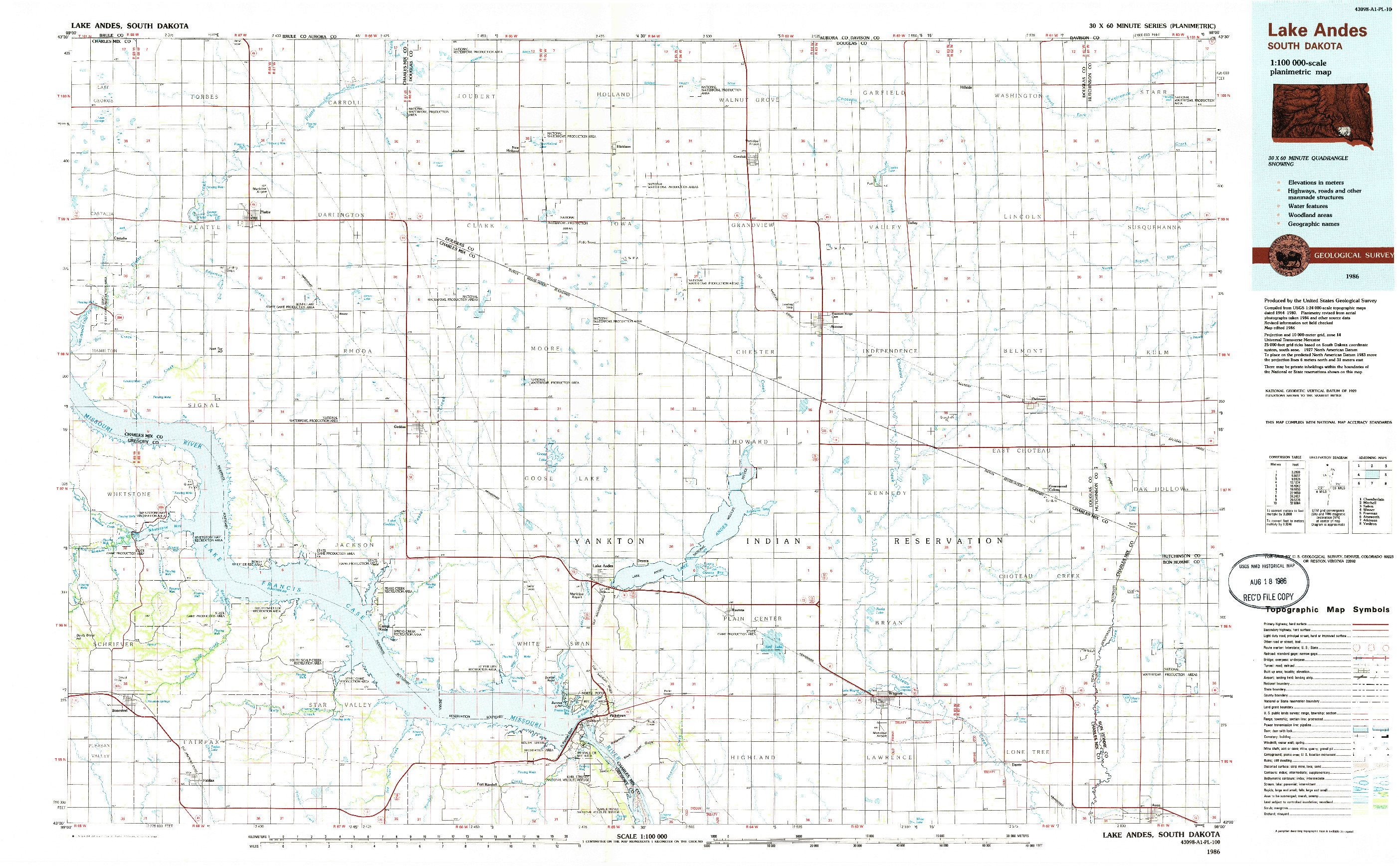 USGS 1:100000-SCALE QUADRANGLE FOR LAKE ANDES, SD 1986