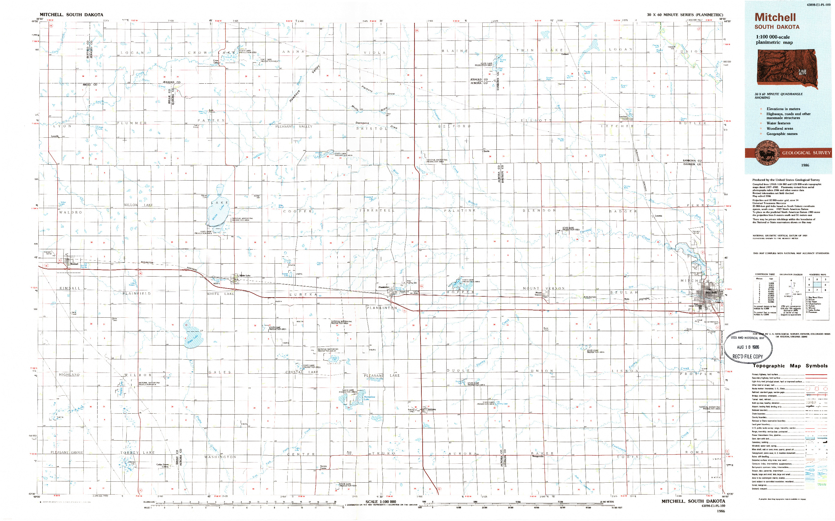 USGS 1:100000-SCALE QUADRANGLE FOR MITCHELL, SD 1986