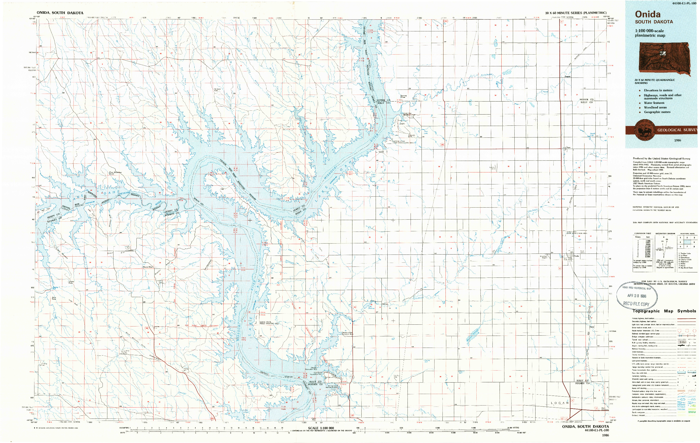 USGS 1:100000-SCALE QUADRANGLE FOR ONIDA, SD 1986