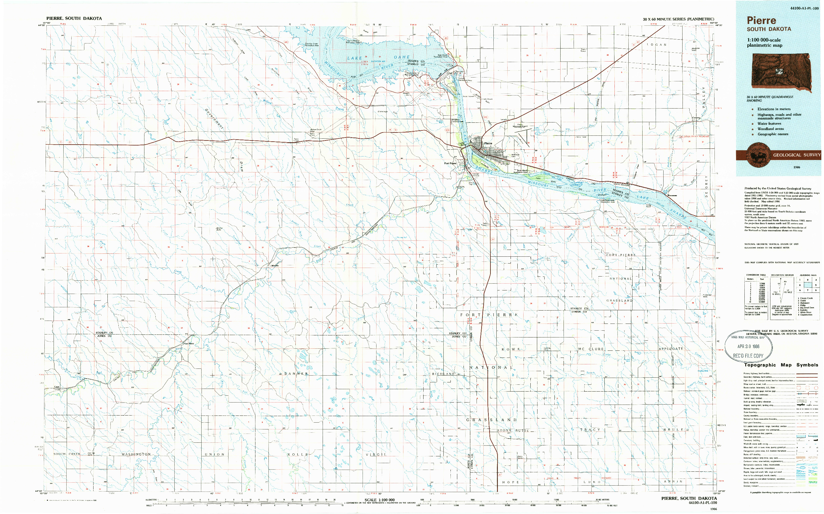 USGS 1:100000-SCALE QUADRANGLE FOR PIERRE, SD 1986