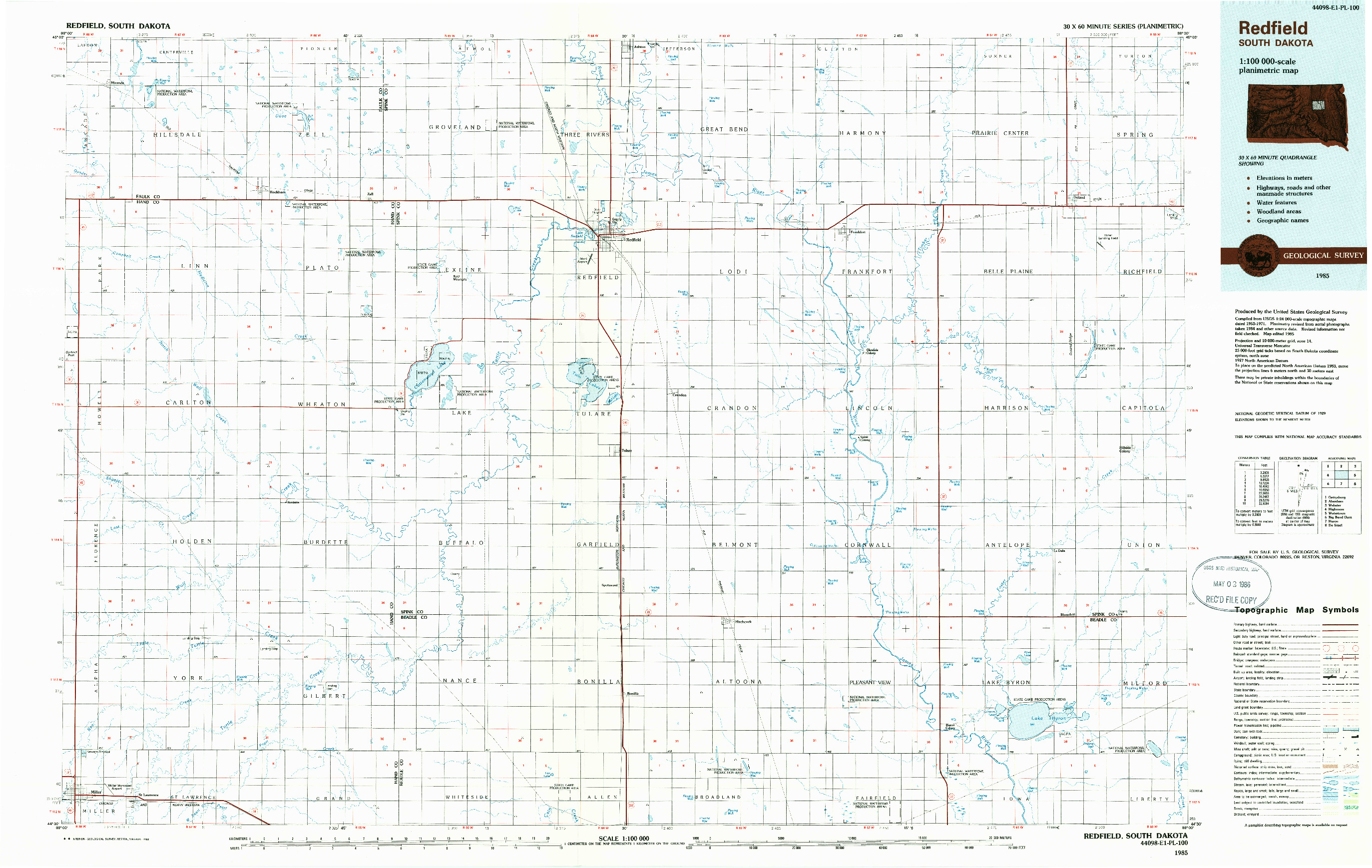 USGS 1:100000-SCALE QUADRANGLE FOR REDFIELD, SD 1985