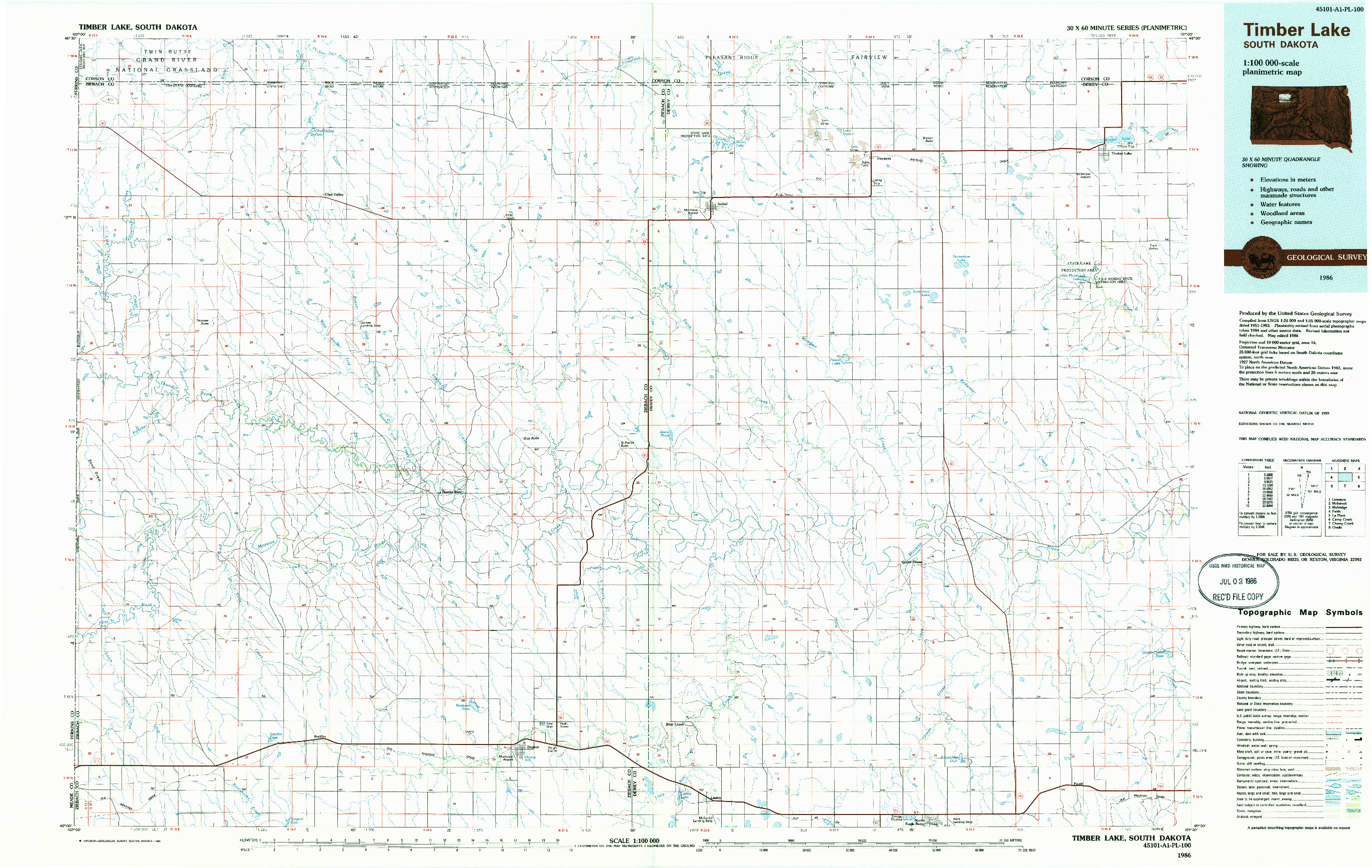 USGS 1:100000-SCALE QUADRANGLE FOR TIMBER LAKE, SD 1986
