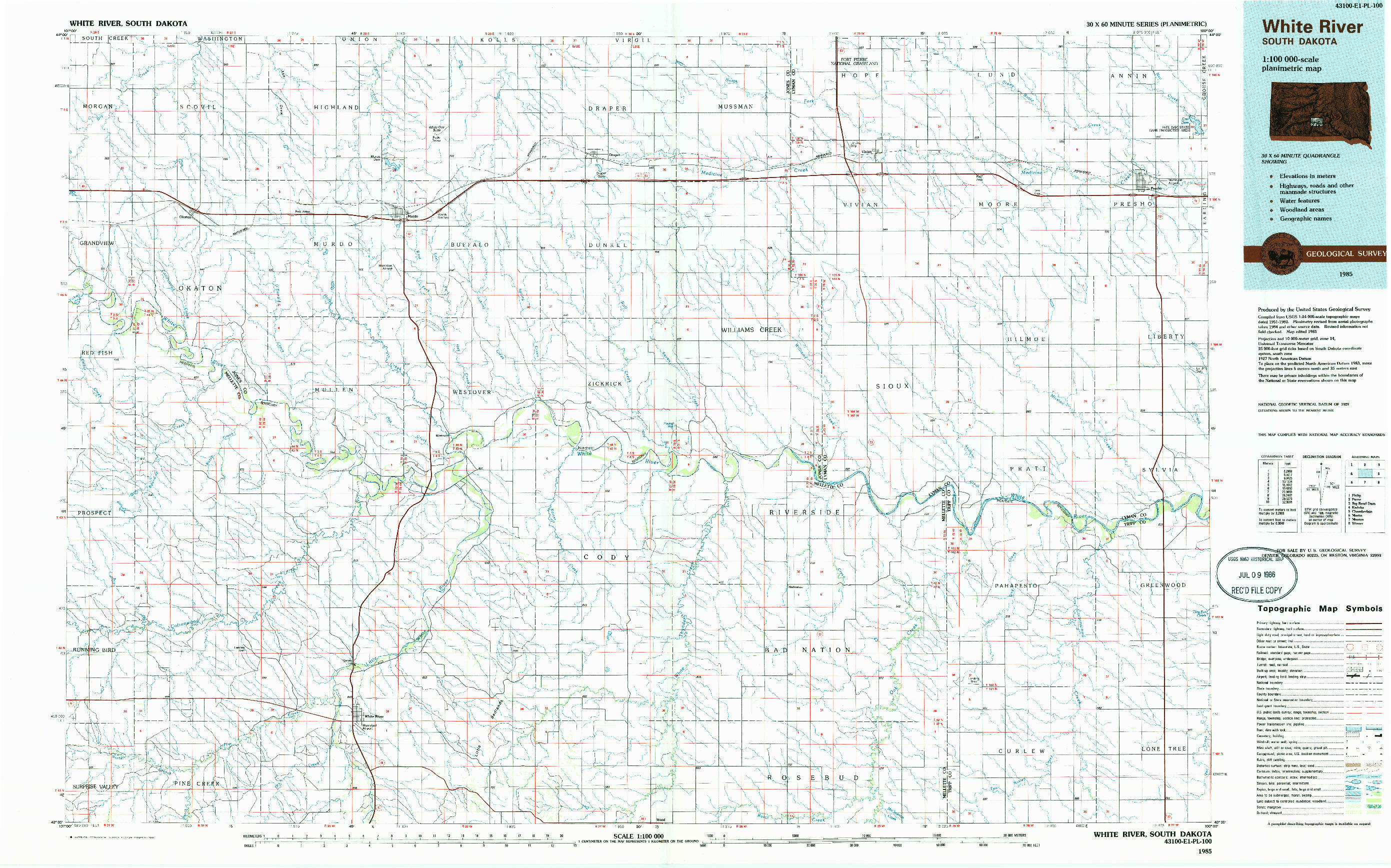 USGS 1:100000-SCALE QUADRANGLE FOR WHITE RIVER, SD 1985