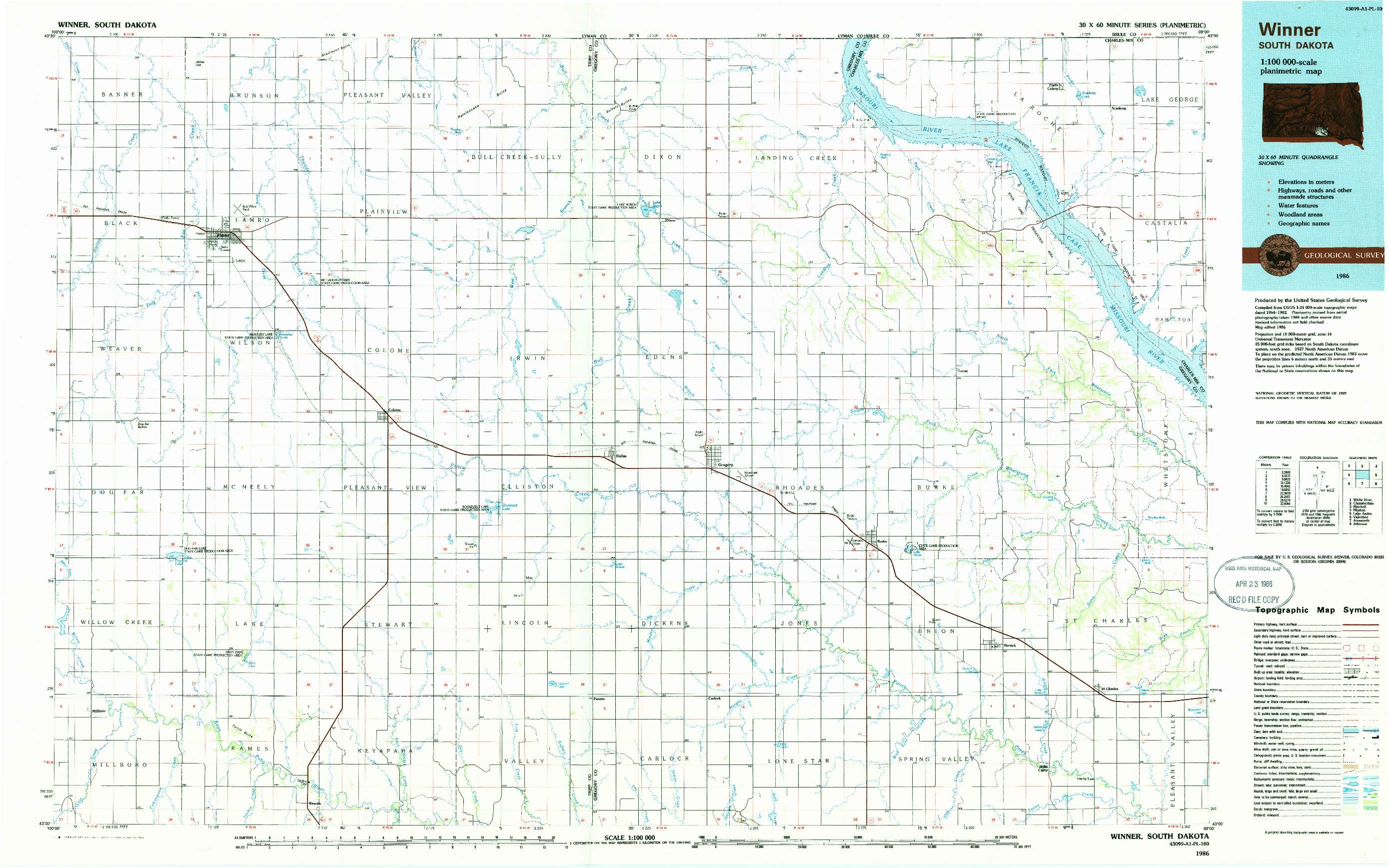 USGS 1:100000-SCALE QUADRANGLE FOR WINNER, SD 1986