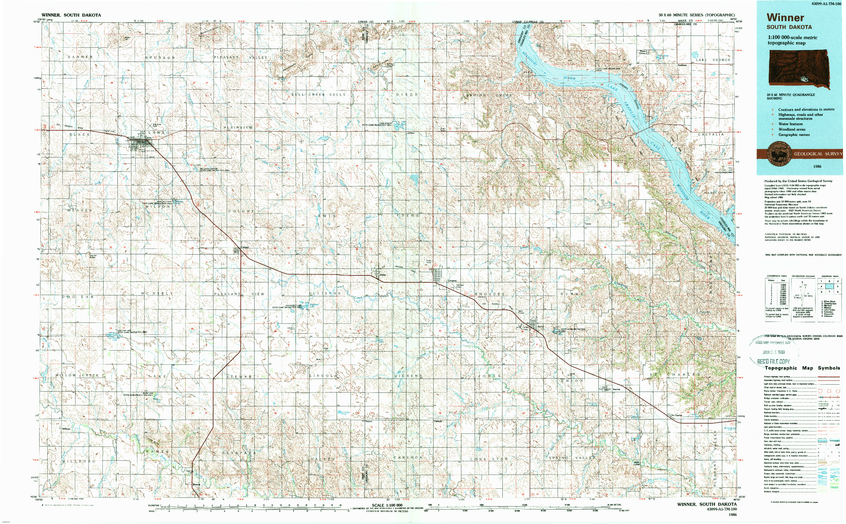 USGS 1:100000-SCALE QUADRANGLE FOR WINNER, SD 1986