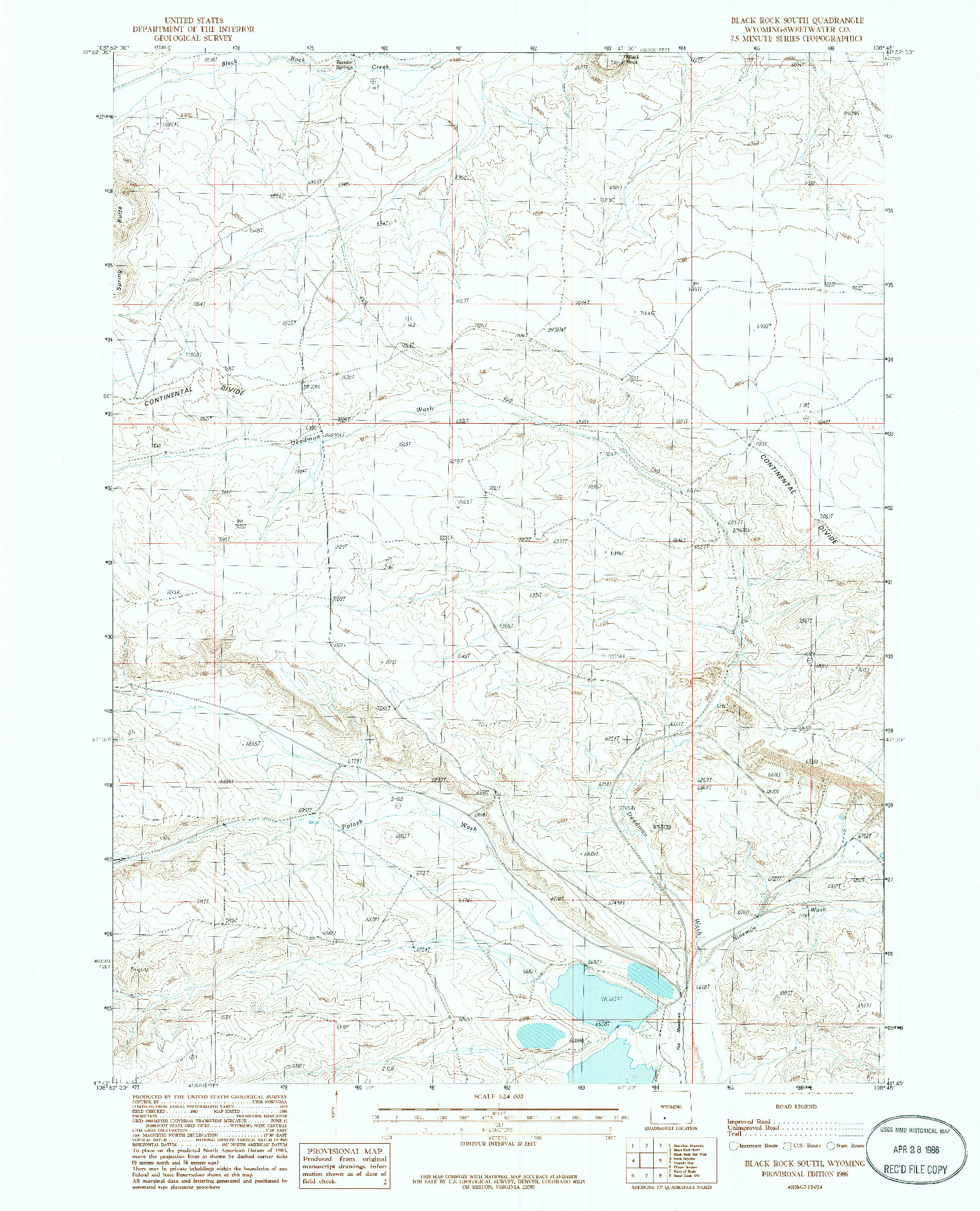USGS 1:24000-SCALE QUADRANGLE FOR BLACK ROCK SOUTH, WY 1986