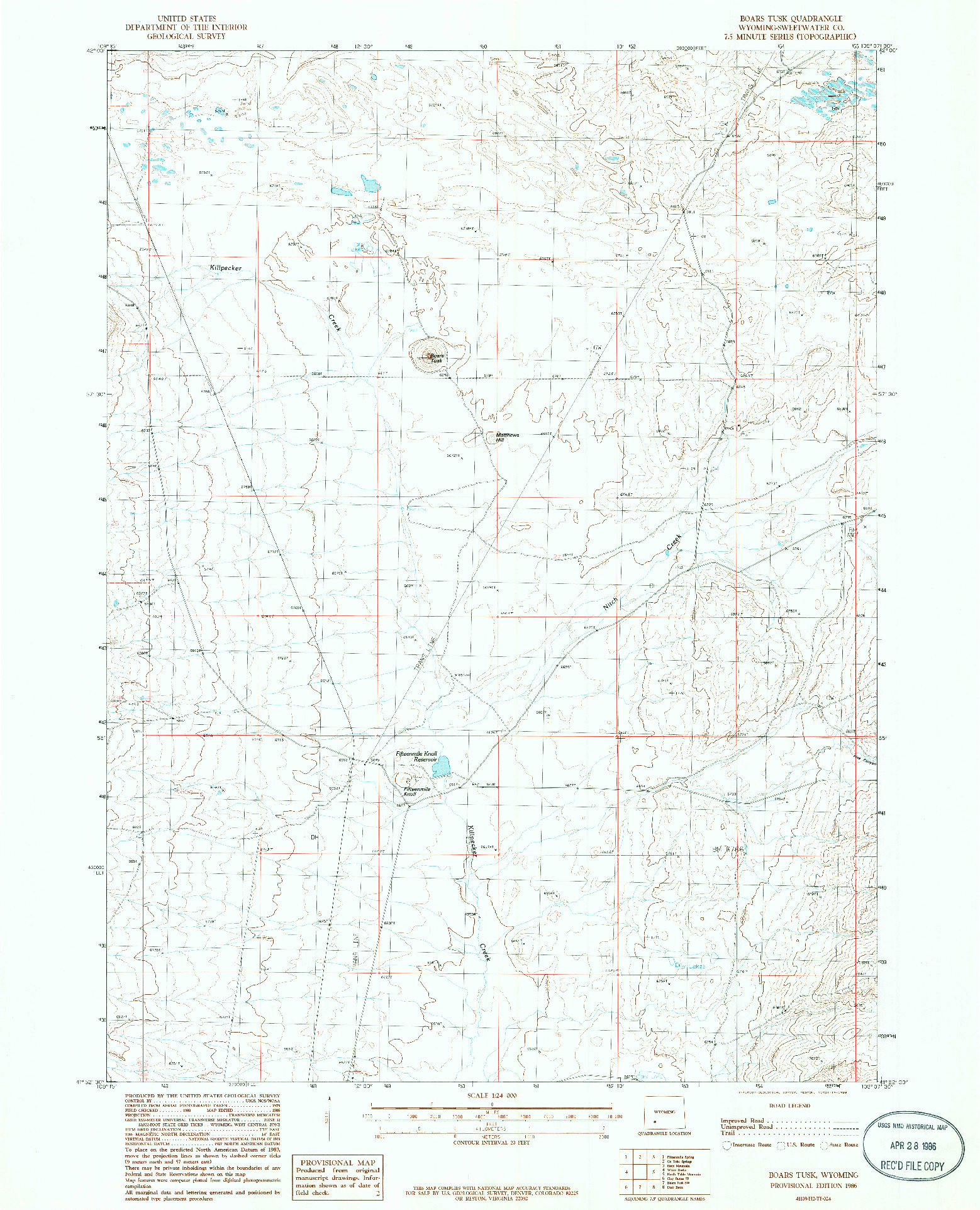 USGS 1:24000-SCALE QUADRANGLE FOR BOARS TUSK, WY 1986