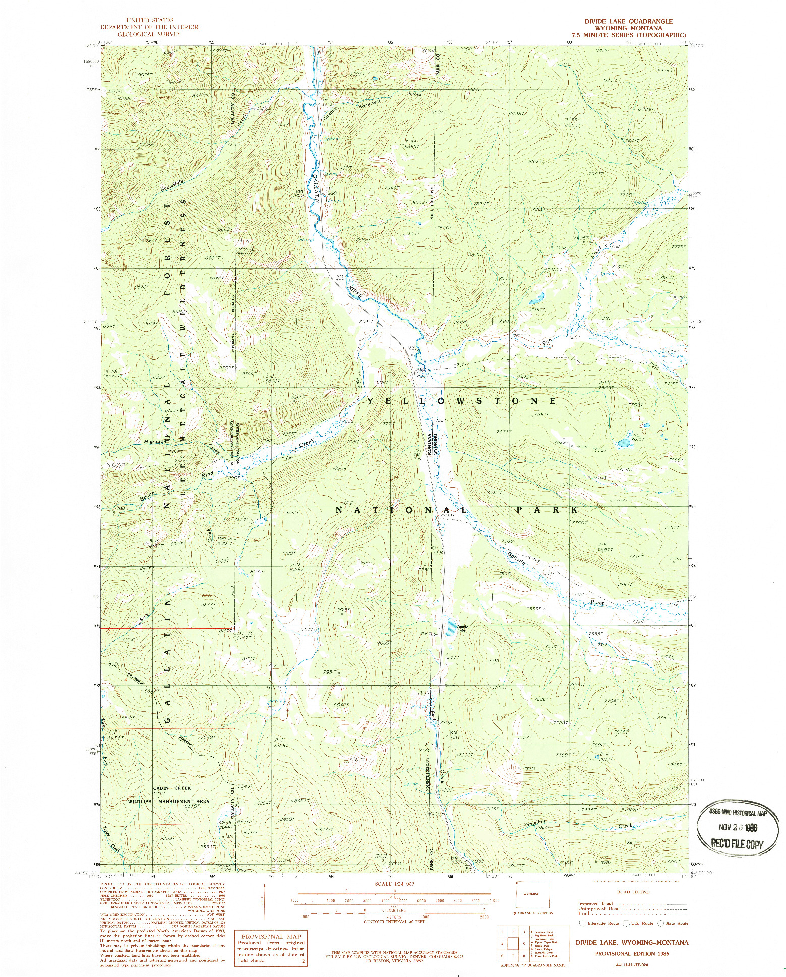 USGS 1:24000-SCALE QUADRANGLE FOR DIVIDE LAKE, WY 1986