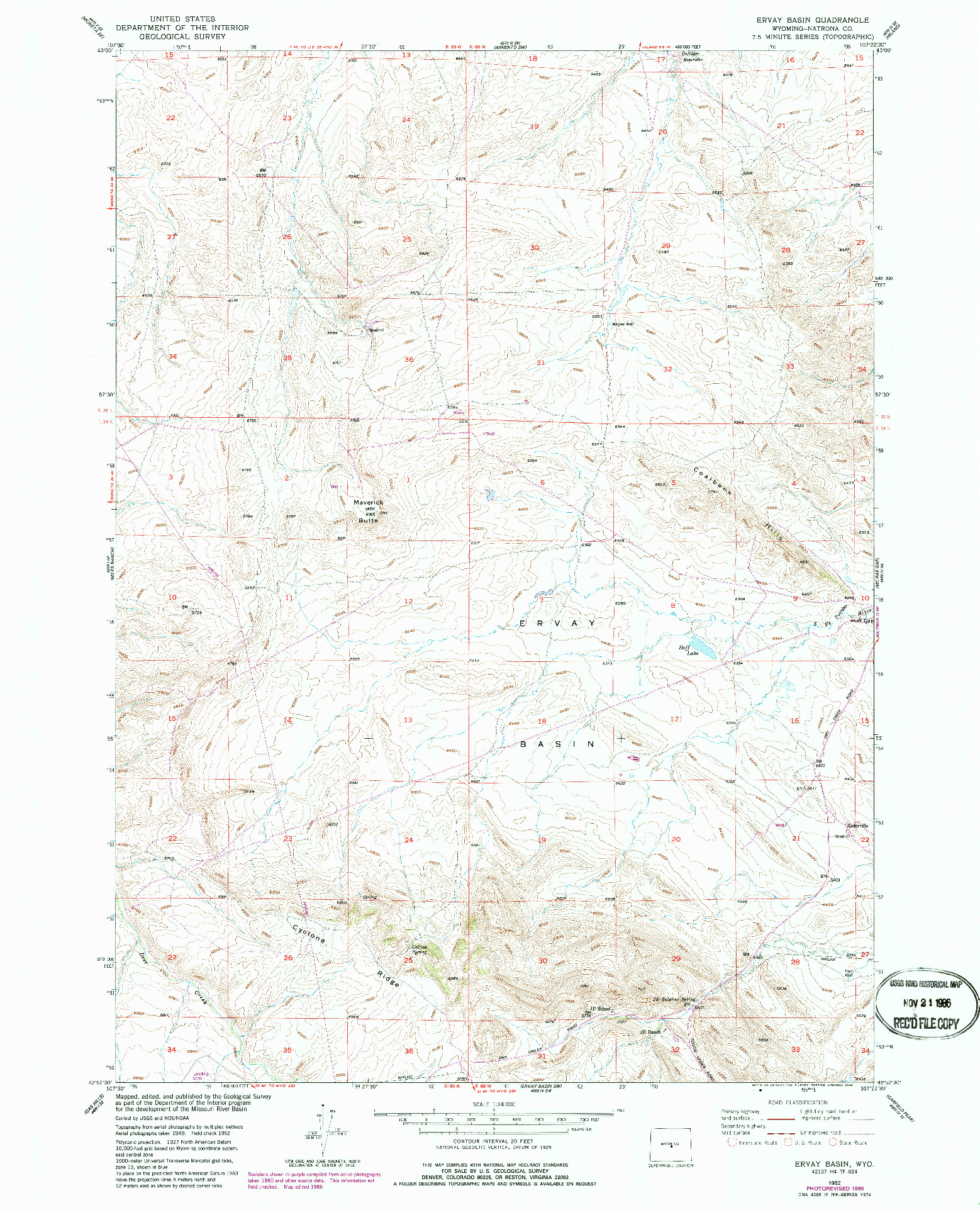 USGS 1:24000-SCALE QUADRANGLE FOR ERVAY BASIN, WY 1952