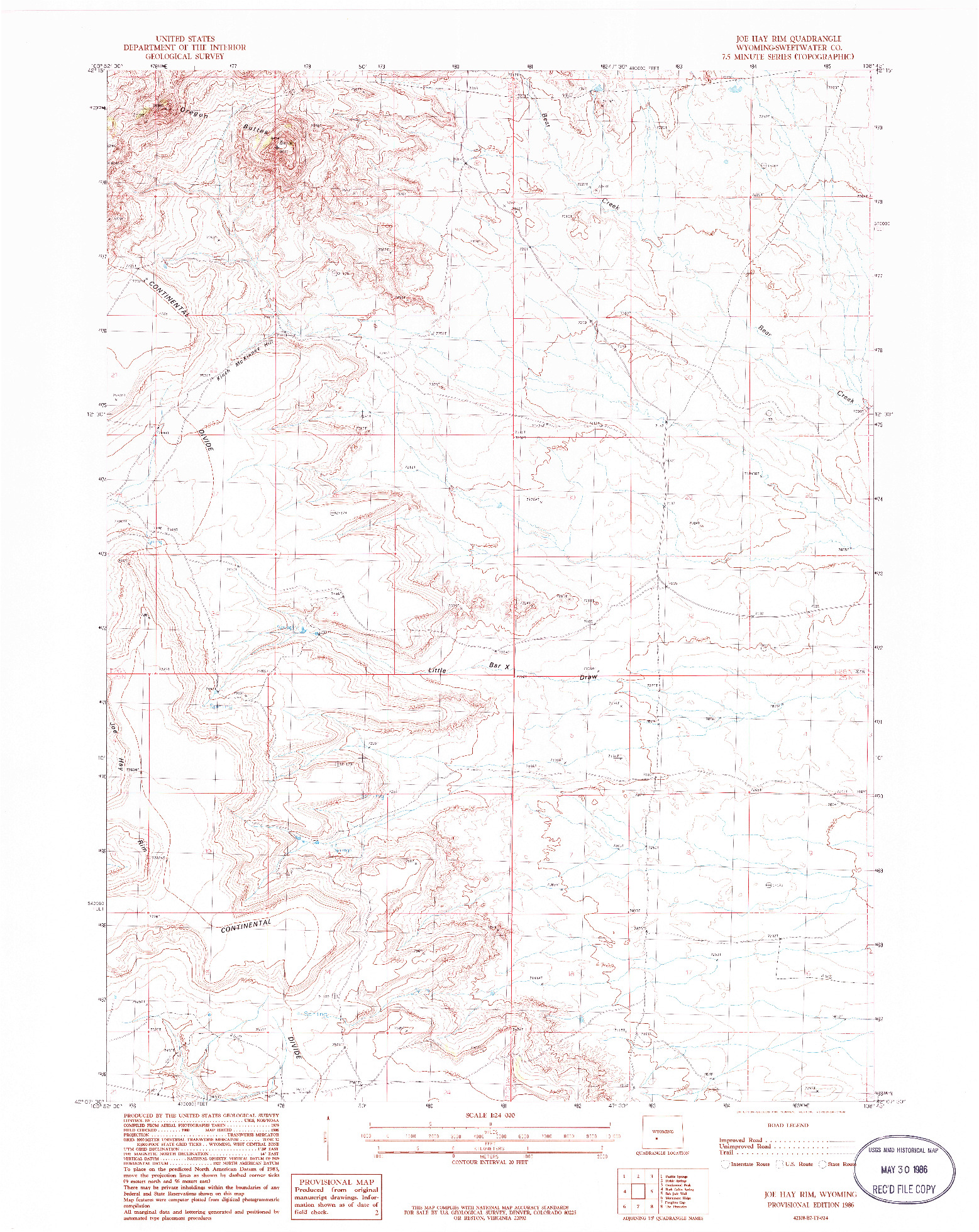 USGS 1:24000-SCALE QUADRANGLE FOR JOE HAY RIM, WY 1986