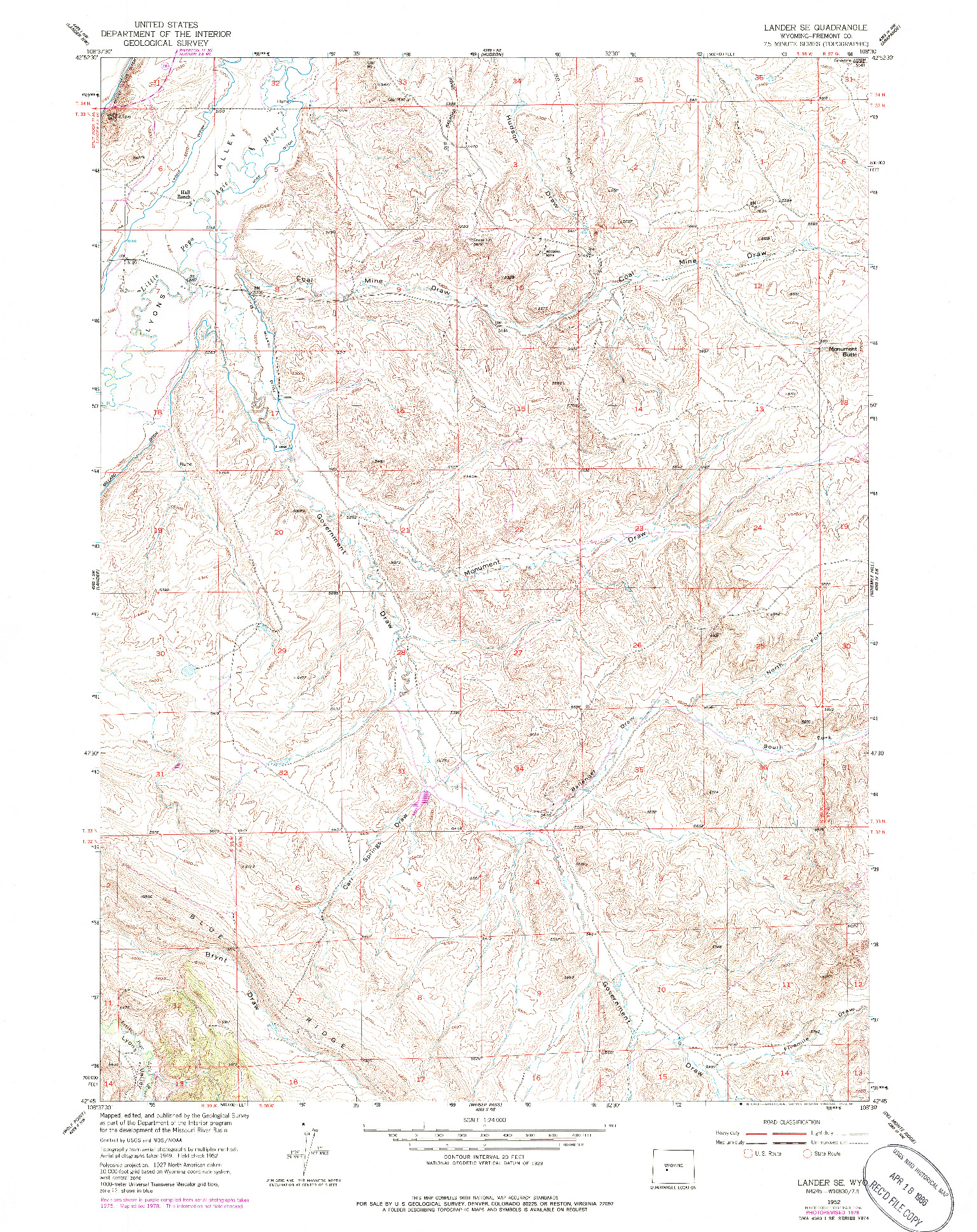 USGS 1:24000-SCALE QUADRANGLE FOR LANDER SE, WY 1952