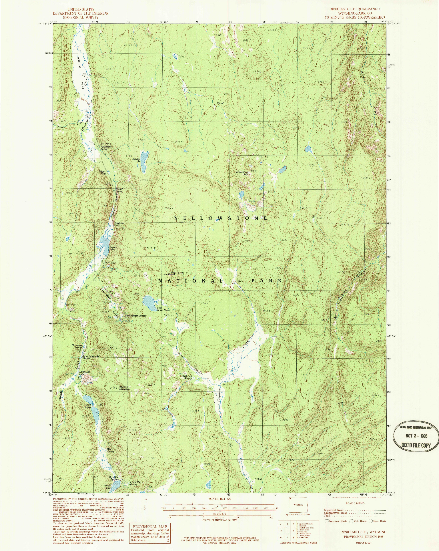 USGS 1:24000-SCALE QUADRANGLE FOR OBSIDIAN CLIFF, WY 1986